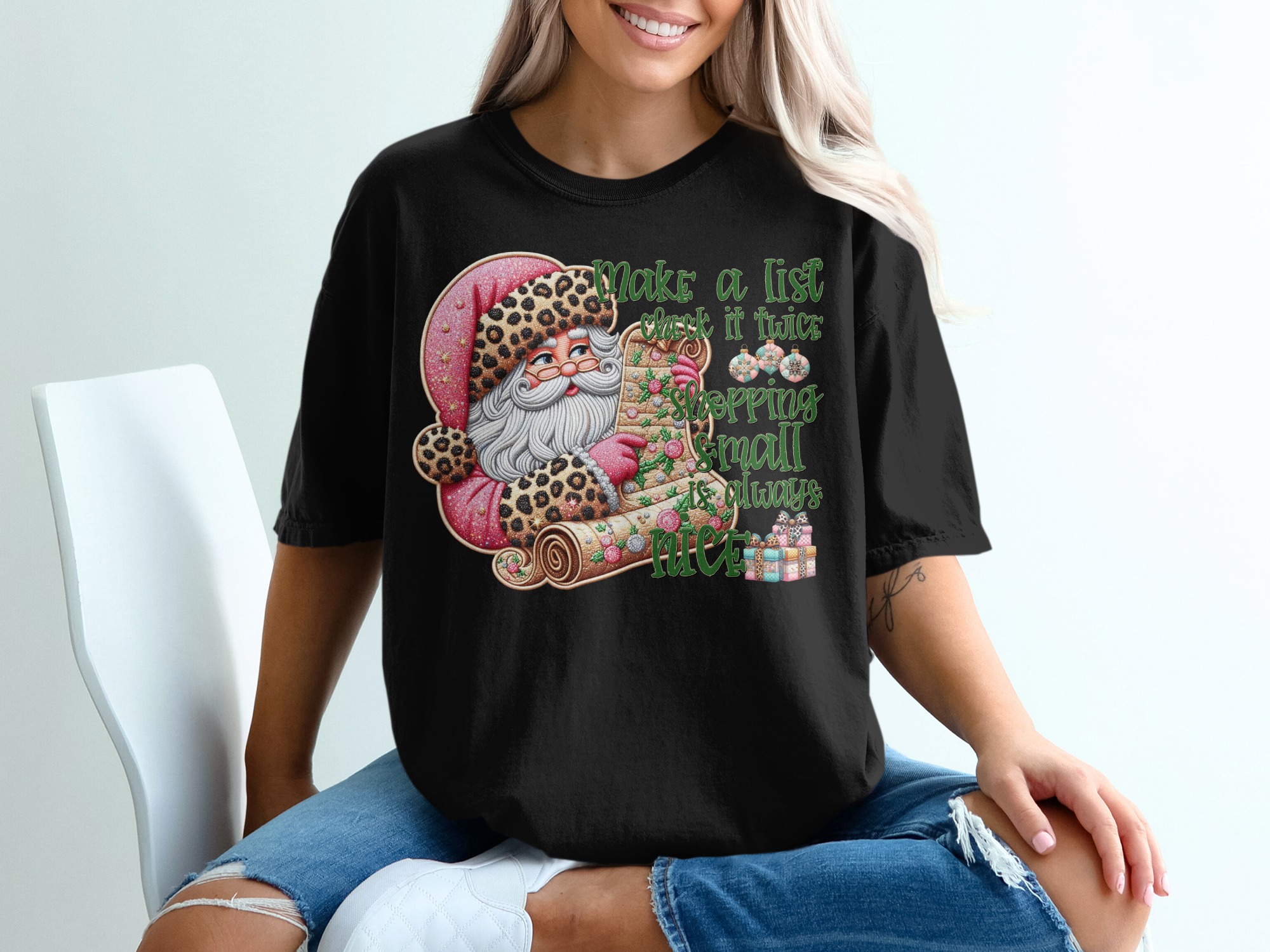 Christmas Santa T-Shirt, Leopard Santa Shirt, Holiday Shopping Tee, Make A List T Shirt, Check It Twice Shirt, Christmas Gift Shirt - Image 2