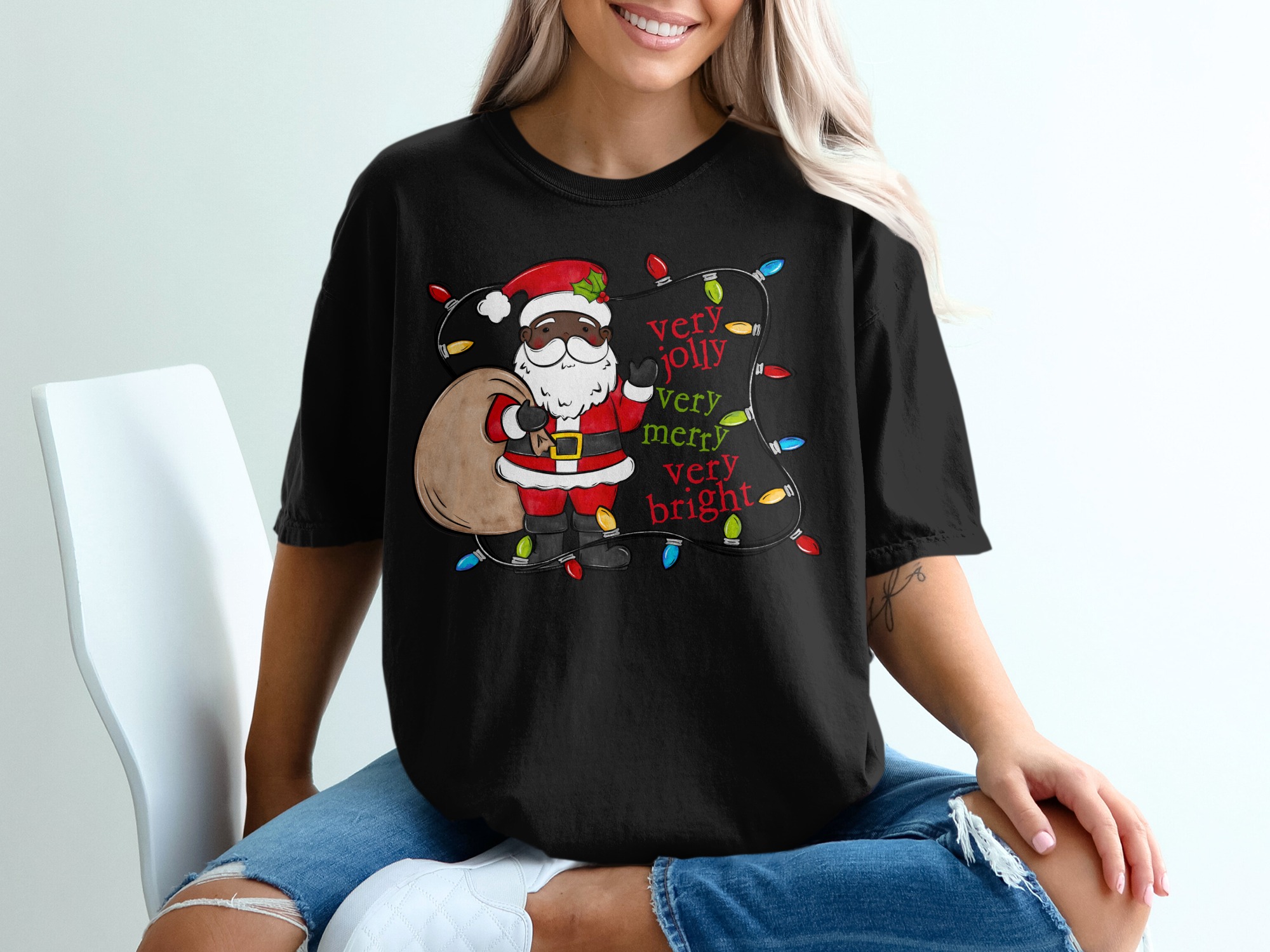 Jolly Santa T-Shirt, Very Merry Christmas Tee, Very Bright Holiday Shirt, Santa With Lights, Holiday Cheer, Xmas T Shirt, Festive Outfit - Image 2