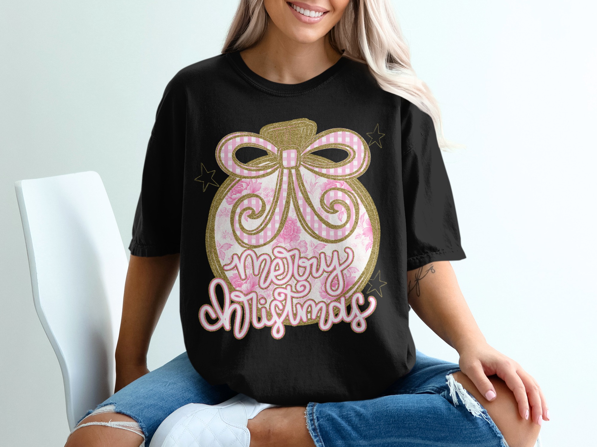 Merry Christmas Ornament T-Shirt, Pink Floral Ornament Tee, Cute Holiday Shirt, Christmas Ornament Shirt, Christmas Gift Shirt, Festive Tee - Image 2