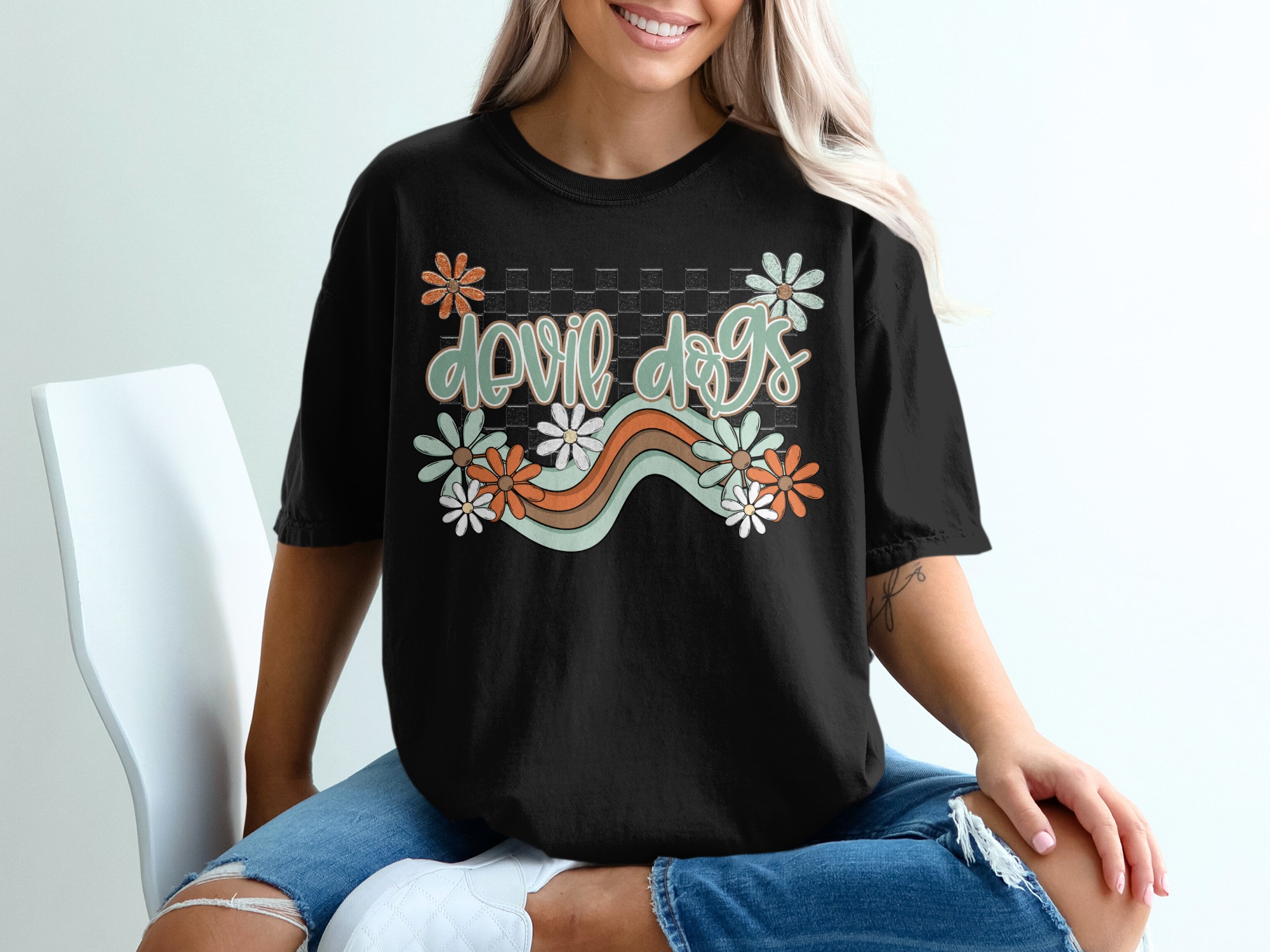 Devil Dogs T-Shirt, Trendy Checkered Tee, Floral Design Shirt, Cute Flower Tee, Fun Graphic T Shirt, Unique Outfit Tee, Top Selling T Shirts - Image 2