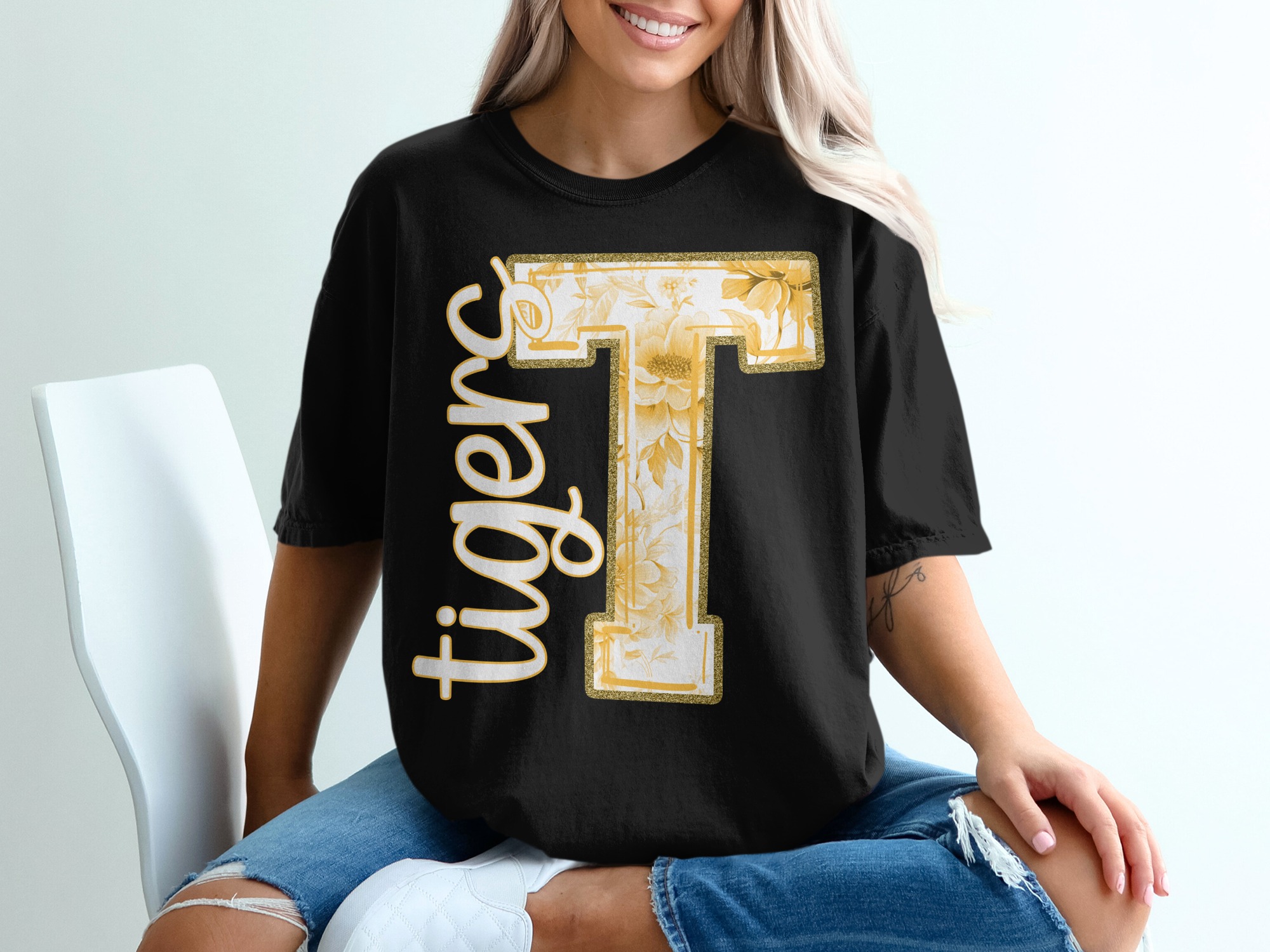Tigers T Shirt, Floral T Design, University T Shirt, Game Day T Shirt, Gold Sparkle T, Team Spirit T Shirt, Gift Idea - Image 2