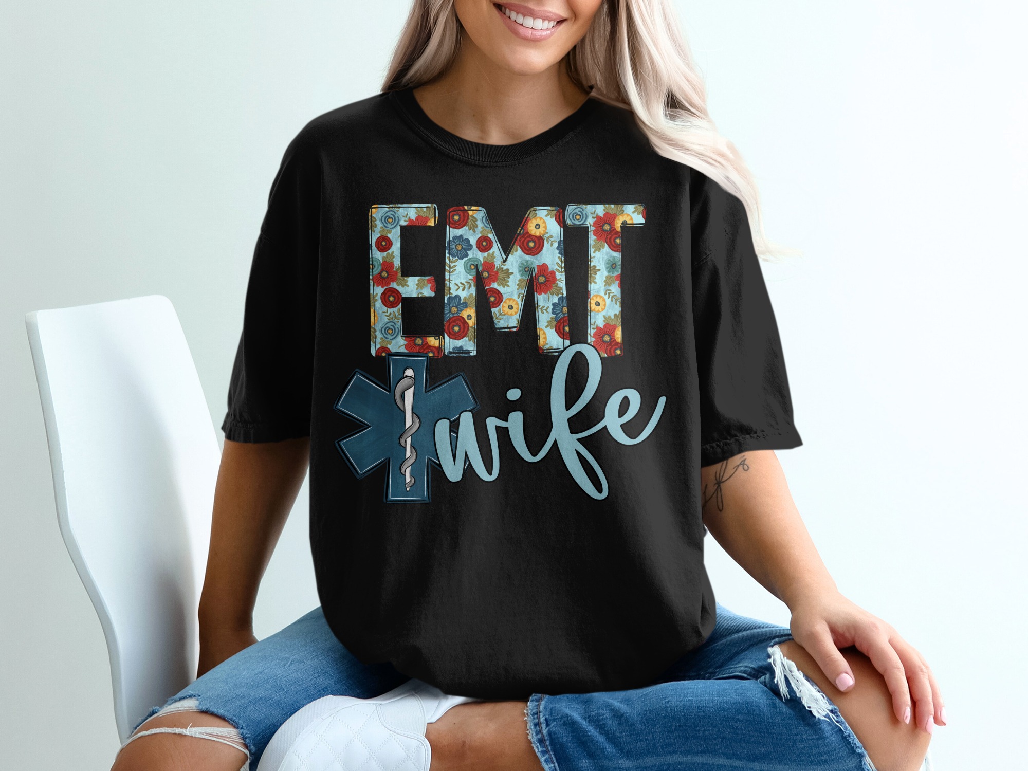 EMT Wife Shirt, Floral EMT Tee, Star of Life, Paramedic Wife, Emergency Medical Tech, Support, Gift for Her, Casual T-Shirt - Image 2