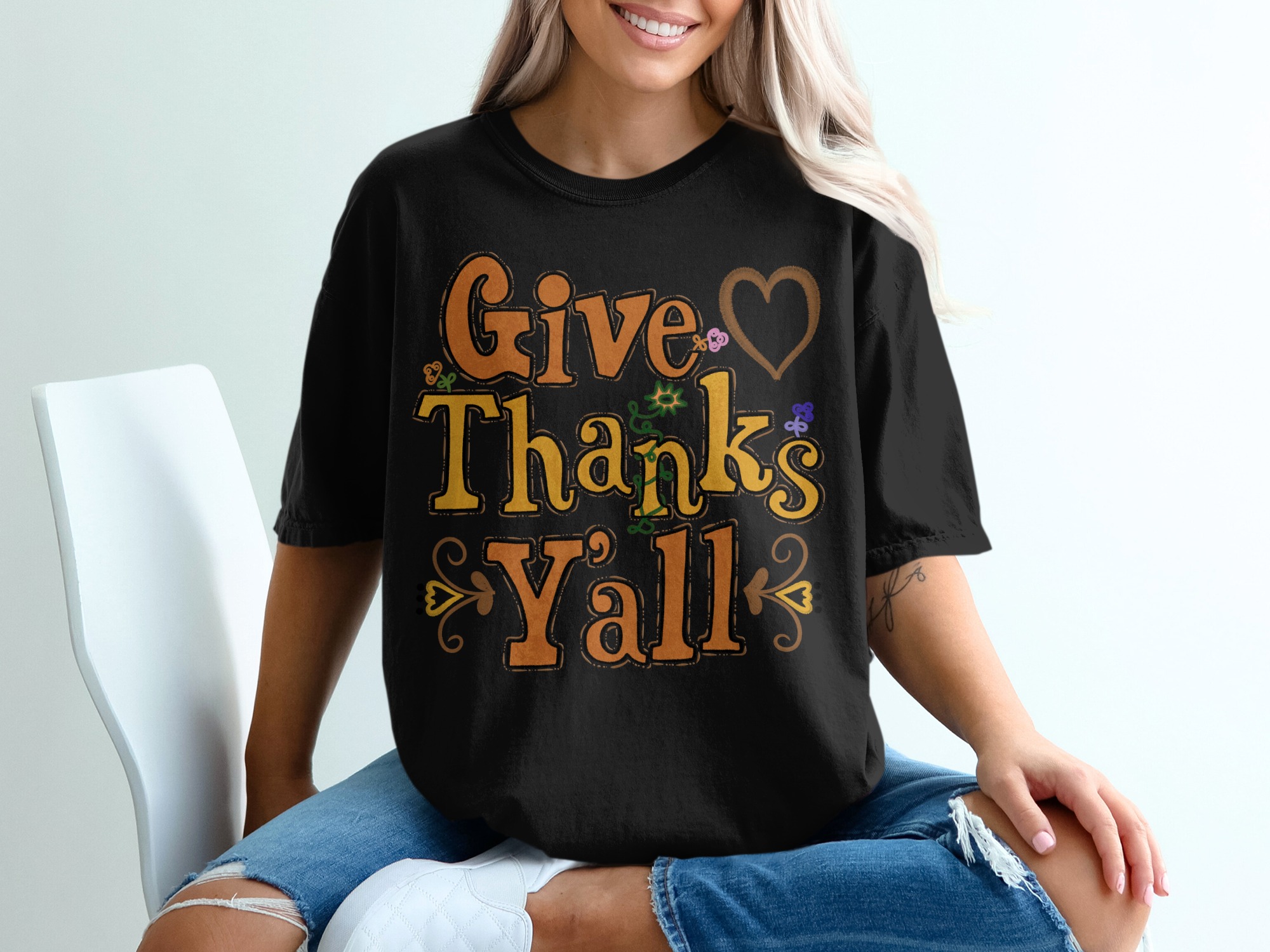 Give Thanks Yall T-Shirt, Thanksgiving Shirt, Fall T Shirt, Autumn Shirt, Floral Shirt, Heart Shirt, Holiday Shirt, Trendy Shirt - Image 2