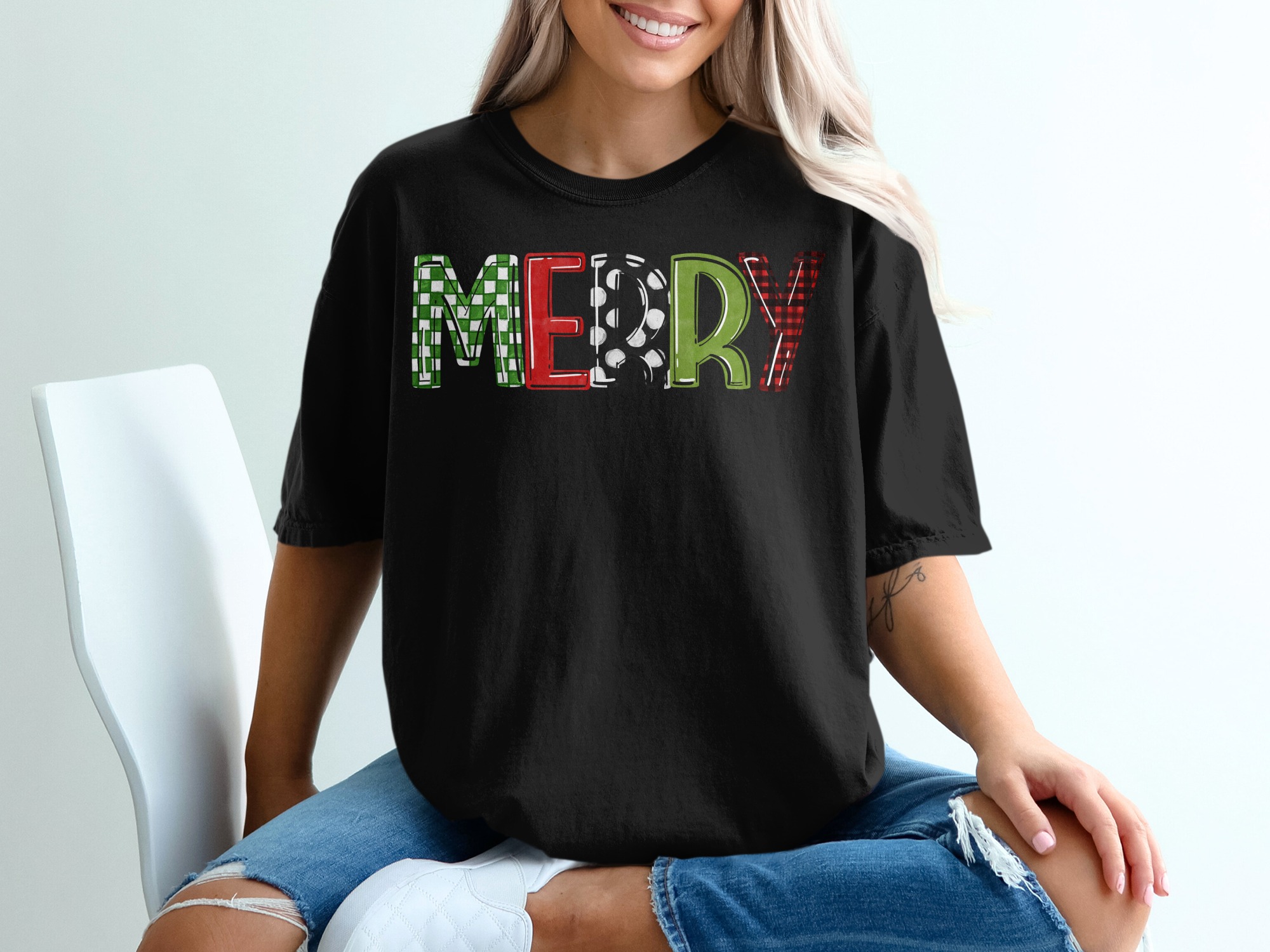 Merry Christmas T-Shirt, Festive Holiday Shirt, Plaid Checkered Tee, Fun Christmas Gift, Graphic Tee, Winter Season Top, Holiday Apparel - Image 2