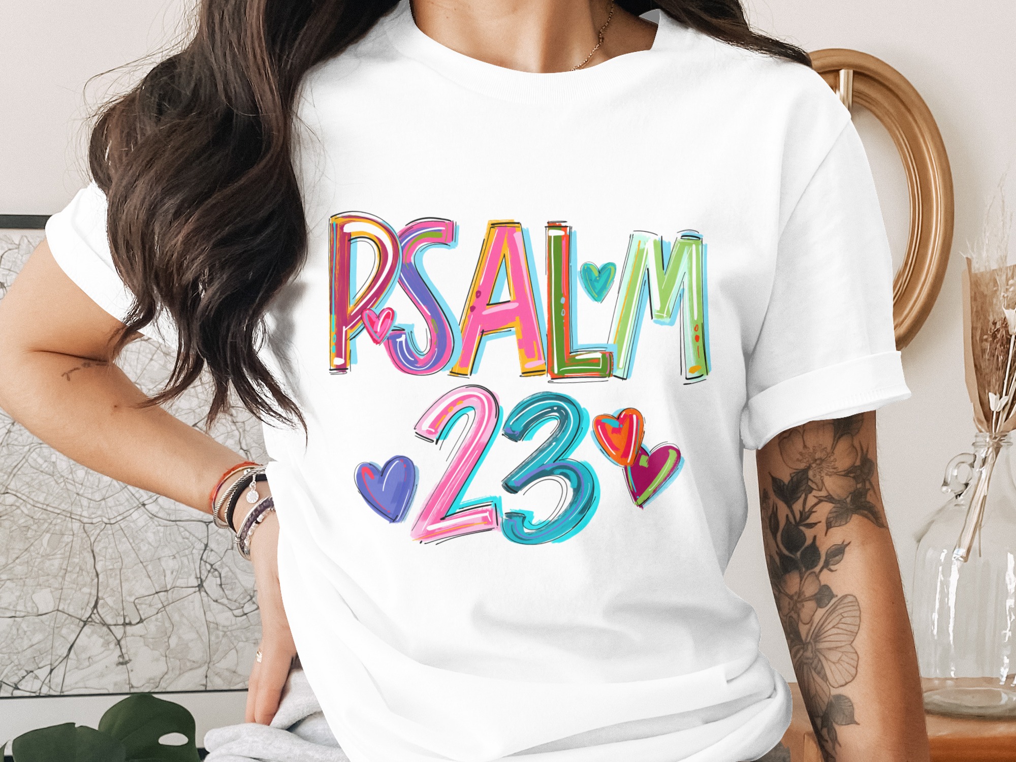 Psalm 23 T-Shirt, Christian Apparel, Religious Shirt, Colorful Heart Design, Faith Based, Scripture T Shirt, Spiritual Gift, Bible Verse
