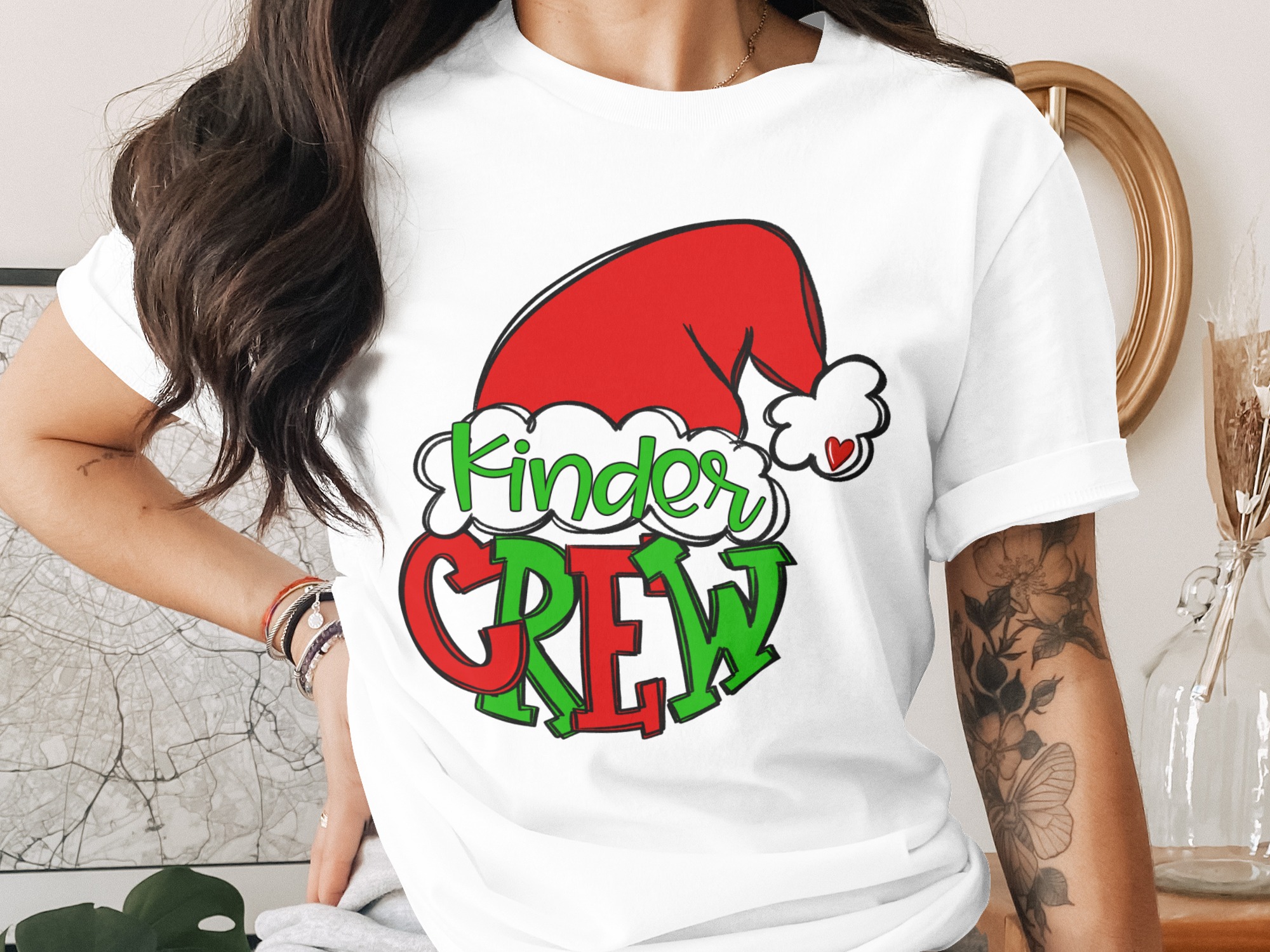 Kinder Crew T-Shirt, Christmas Shirt, Santa Hat, Teacher Shirt, Holiday Gift, Matching Group Shirt, Cute T Shirt