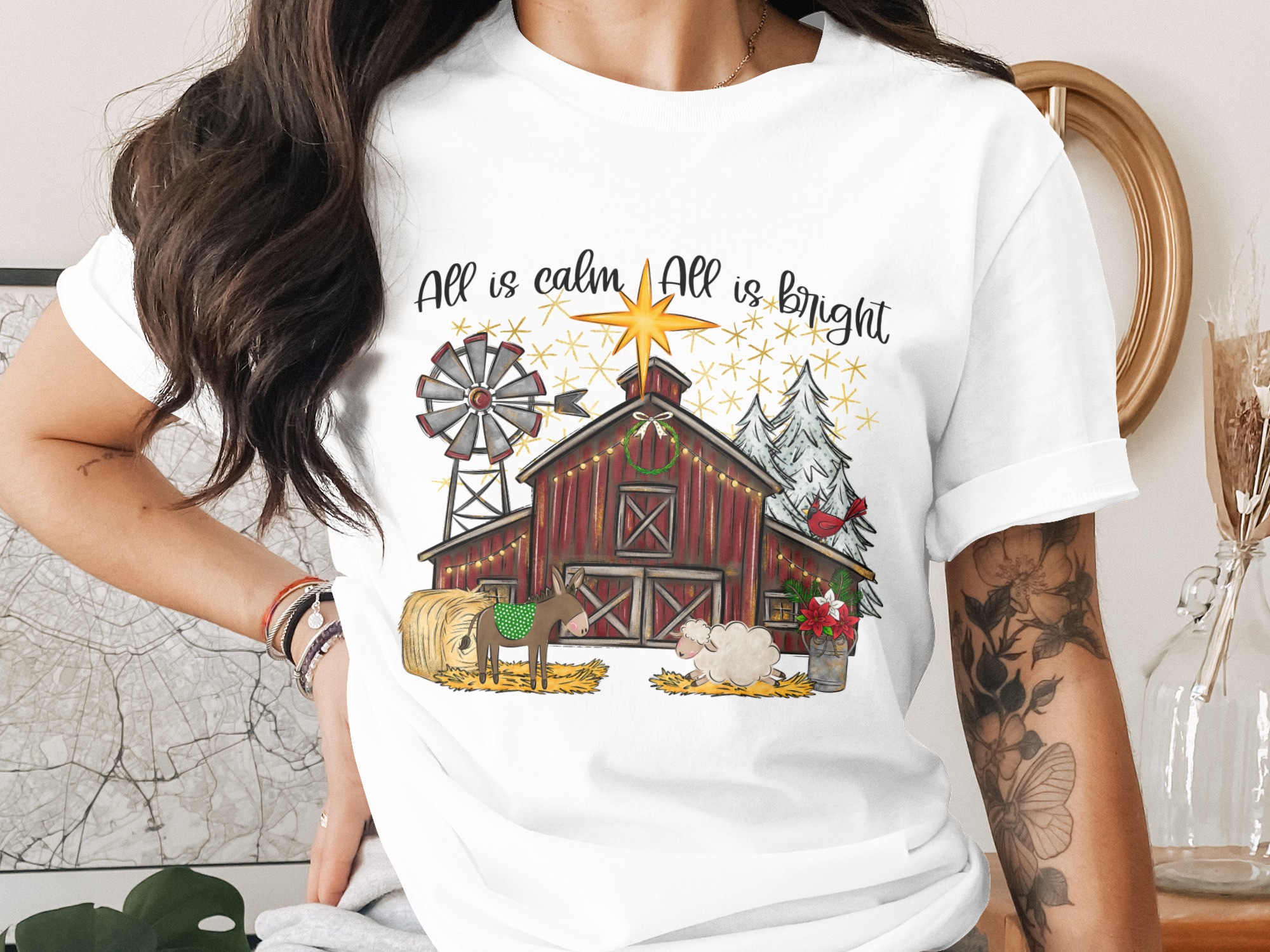 All is Calm T-Shirt, All is Bright T-Shirt, Christmas Barn Shirt, Farmhouse Christmas T-Shirt, Holiday T-Shirt, Winter T-Shirt