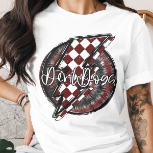 Devil Dogs T-Shirt, Bold Lightning Design, Maroon and White Tee, Unique Graphic Tee, Stylish Women's Tee, Trendy Apparel