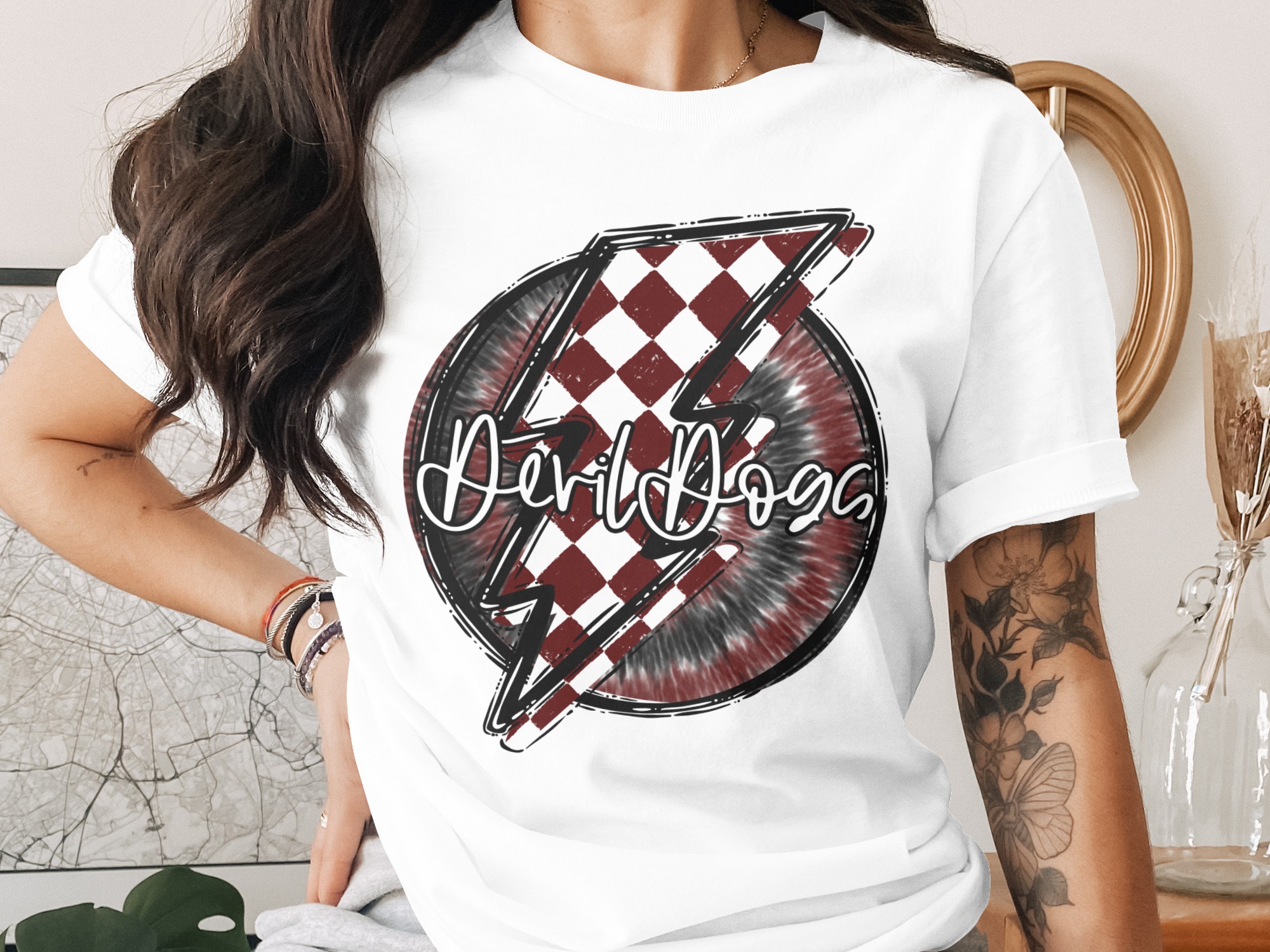 Devil Dogs T-Shirt, Bold Lightning Design, Maroon and White Tee, Unique Graphic Tee, Stylish Women's Tee, Trendy Apparel
