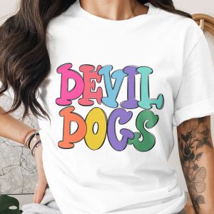 Devil Dogs T-Shirt, Groovy Colorful Graphic Tee, Retro Inspired Design, Trendy Apparel, Fun Gift Idea, Quirky Style, Unique Novelty Shirt