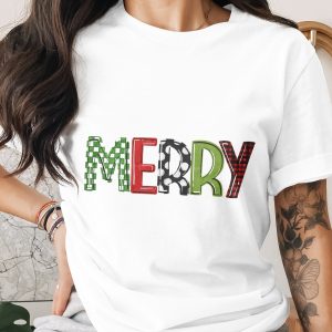 Merry Christmas T-Shirt, Festive Holiday Shirt, Plaid Checkered Tee, Fun Christmas Gift, Graphic Tee, Winter Season Top, Holiday Apparel