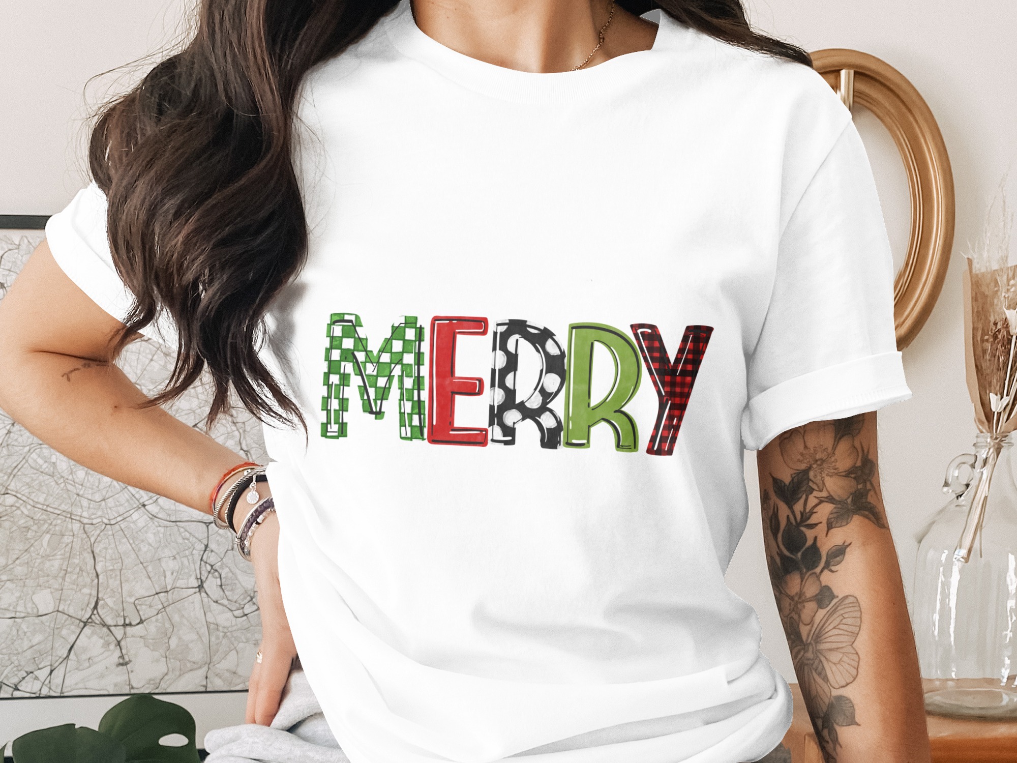Merry Christmas T-Shirt, Festive Holiday Shirt, Plaid Checkered Tee, Fun Christmas Gift, Graphic Tee, Winter Season Top, Holiday Apparel