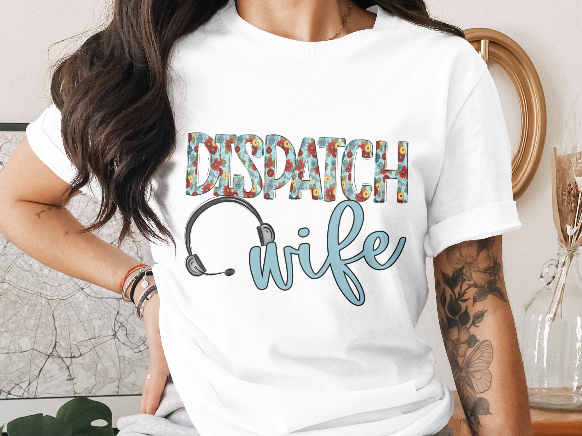 Dispatch Wife T-Shirt, 911 Dispatcher Wife Shirt, Floral Design, Gift for Her, Emergency Dispatcher Wife Tee, Thin Gold Line Apparel