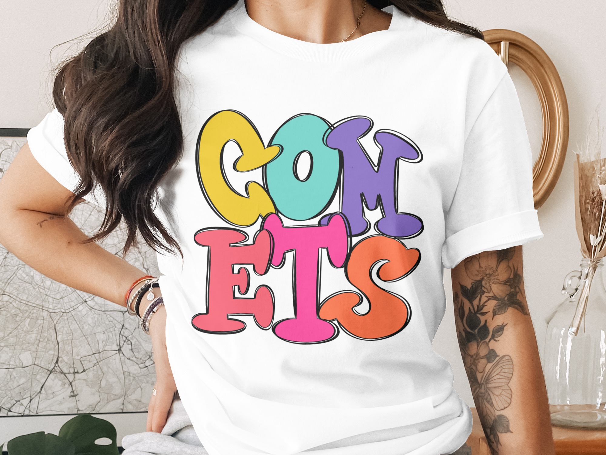 COMETS Graphic T-Shirt, Retro Style Tee, Trendy Lettering Design, Colorful Trendy T-Shirt, Y2K Aesthetic Shirt, Fashionable Design Tee
