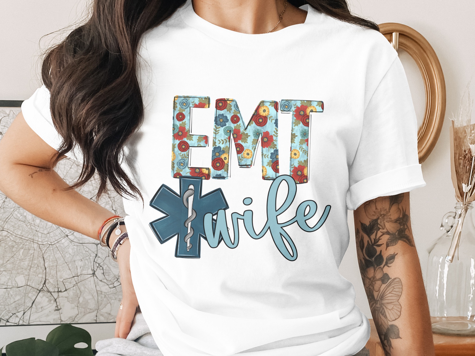 EMT Wife Shirt, Floral EMT Tee, Star of Life, Paramedic Wife, Emergency Medical Tech, Support, Gift for Her, Casual T-Shirt