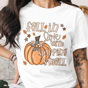 Fall in Love T-Shirt, Shopping Small Shirt, Pumpkin Shirt, Autumn Leaves Tee, Trendy Fall T-Shirt, Thanksgiving Gift, Halloween Shirt