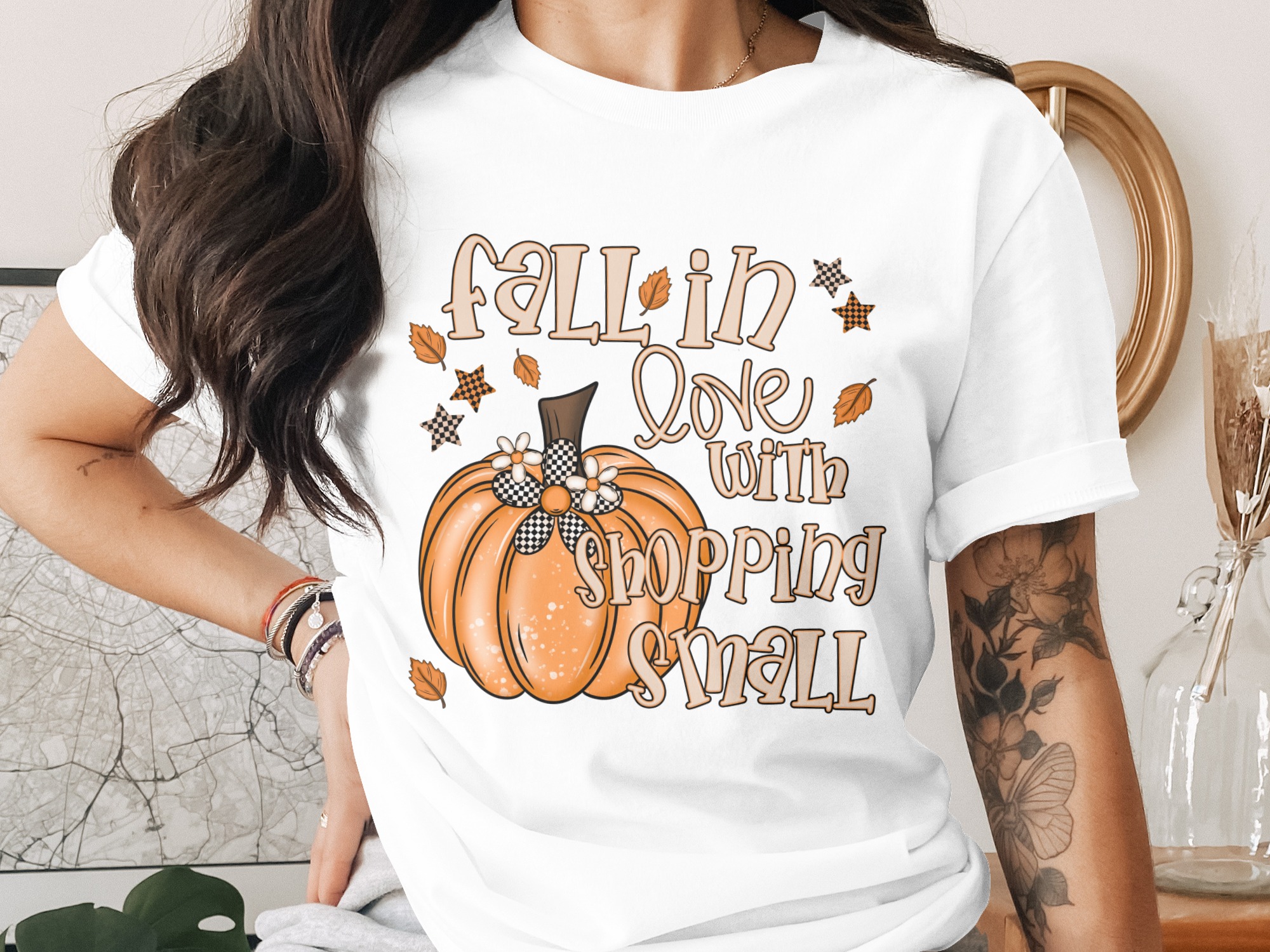 Fall in Love T-Shirt, Shopping Small Shirt, Pumpkin Shirt, Autumn Leaves Tee, Trendy Fall T-Shirt, Thanksgiving Gift, Halloween Shirt