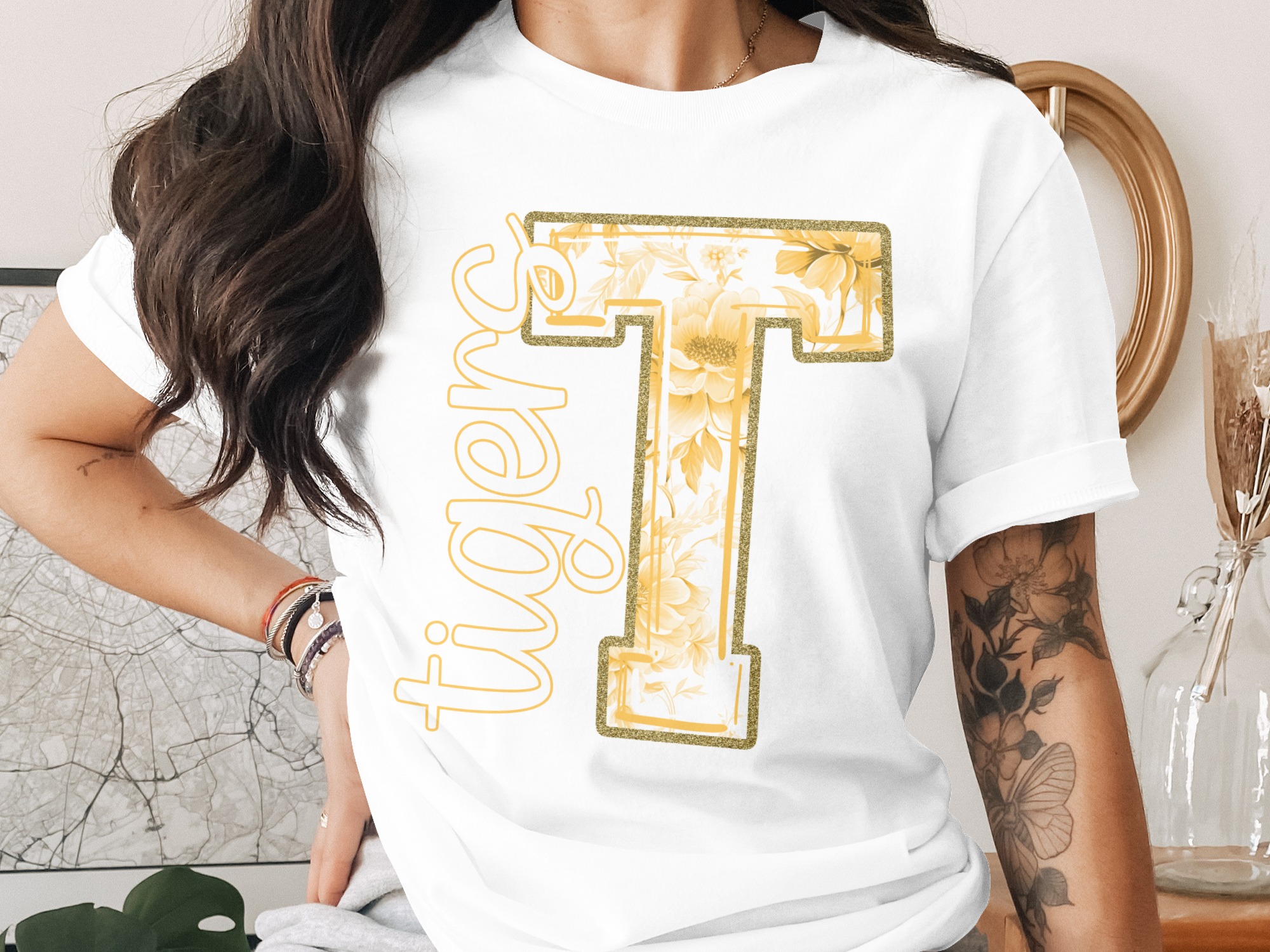 Tigers T Shirt, Floral T Design, University T Shirt, Game Day T Shirt, Gold Sparkle T, Team Spirit T Shirt, Gift Idea