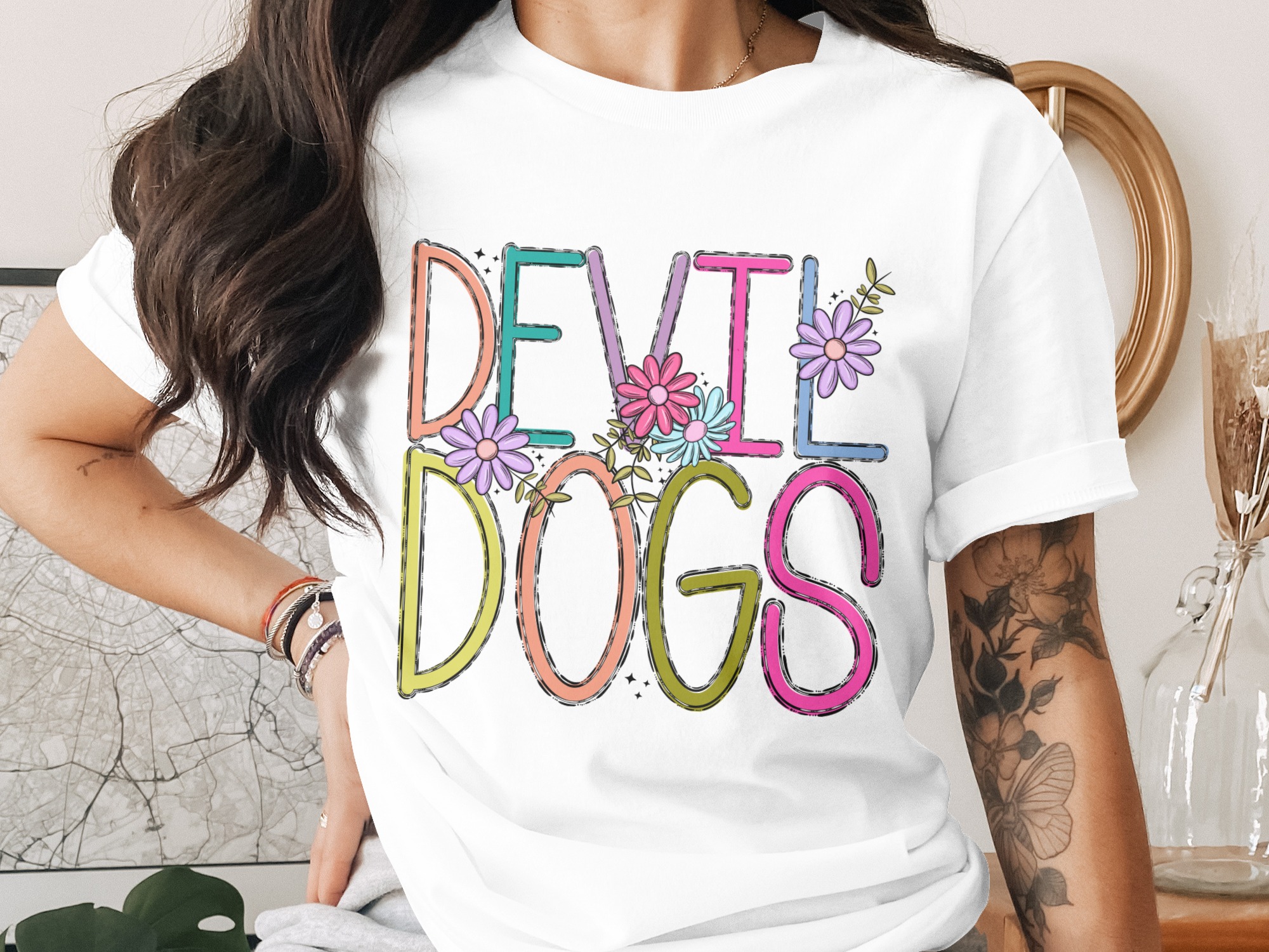 Devil Dogs T-Shirt, Floral Dogs Tee, Colorful Dogs T-Shirt, Trendy Graphic T-Shirt, Cute Animal Shirt, Pet Lover Gift
