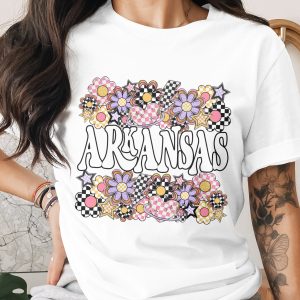 Arkansas T-Shirt, Retro Flowers, Checkered Design, Arkansas State Pride, Souvenir Shirt, Gift for Arkansas Resident, Arkansas Lover