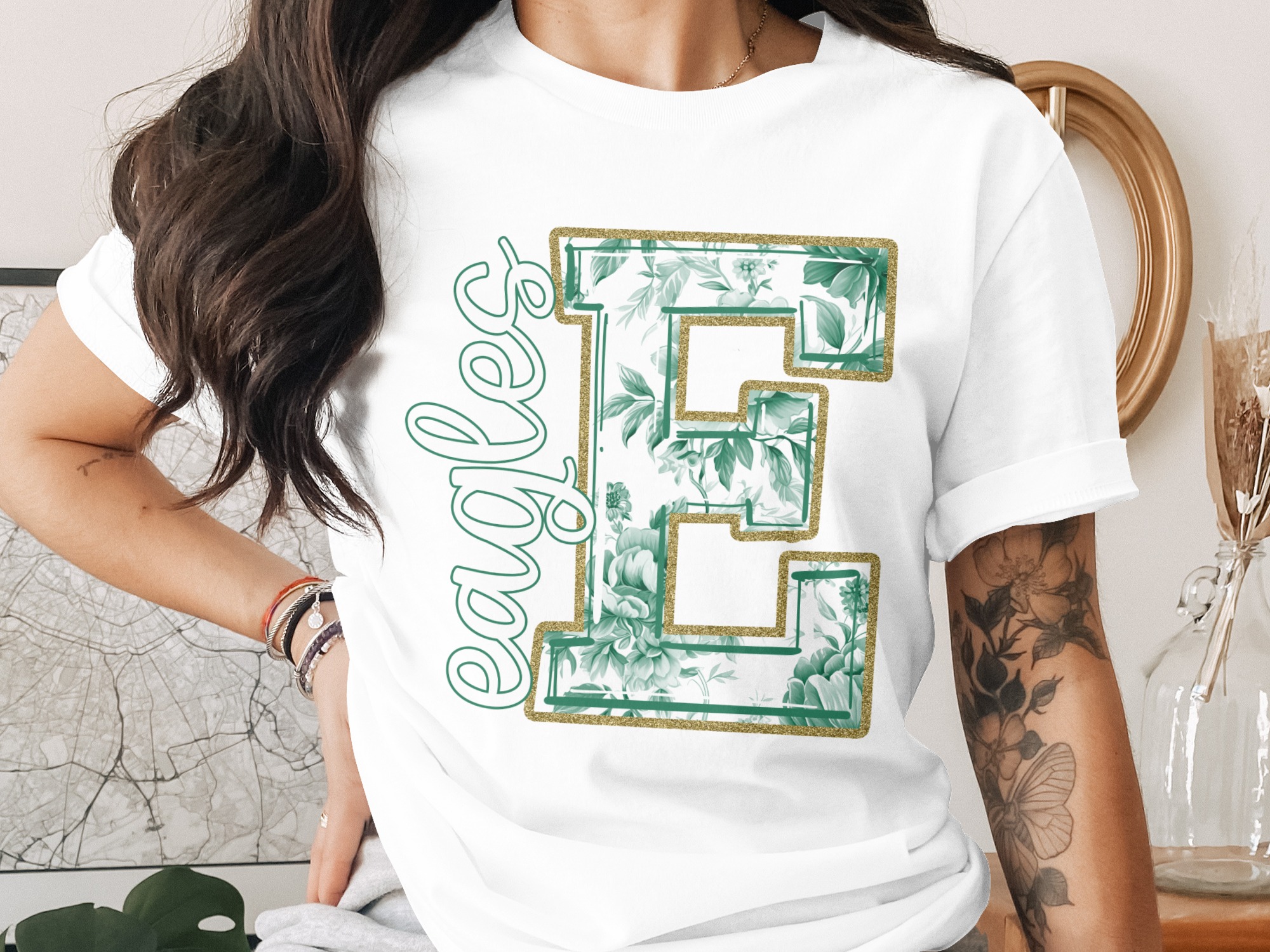Eagles T-Shirt, Letter E Floral, Team Spirit Shirt, School Pride Tee, Personalized Gift, Unique Graphic Tee, Trendy TShirt, Varsity Tee