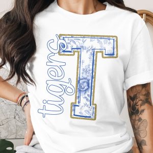 Tigers T Shirt, Letter T Floral, Blue and Gold, University, College, Game Day, School Spirit Apparel, Trendy, Fun, Cute, Unique Gift, For