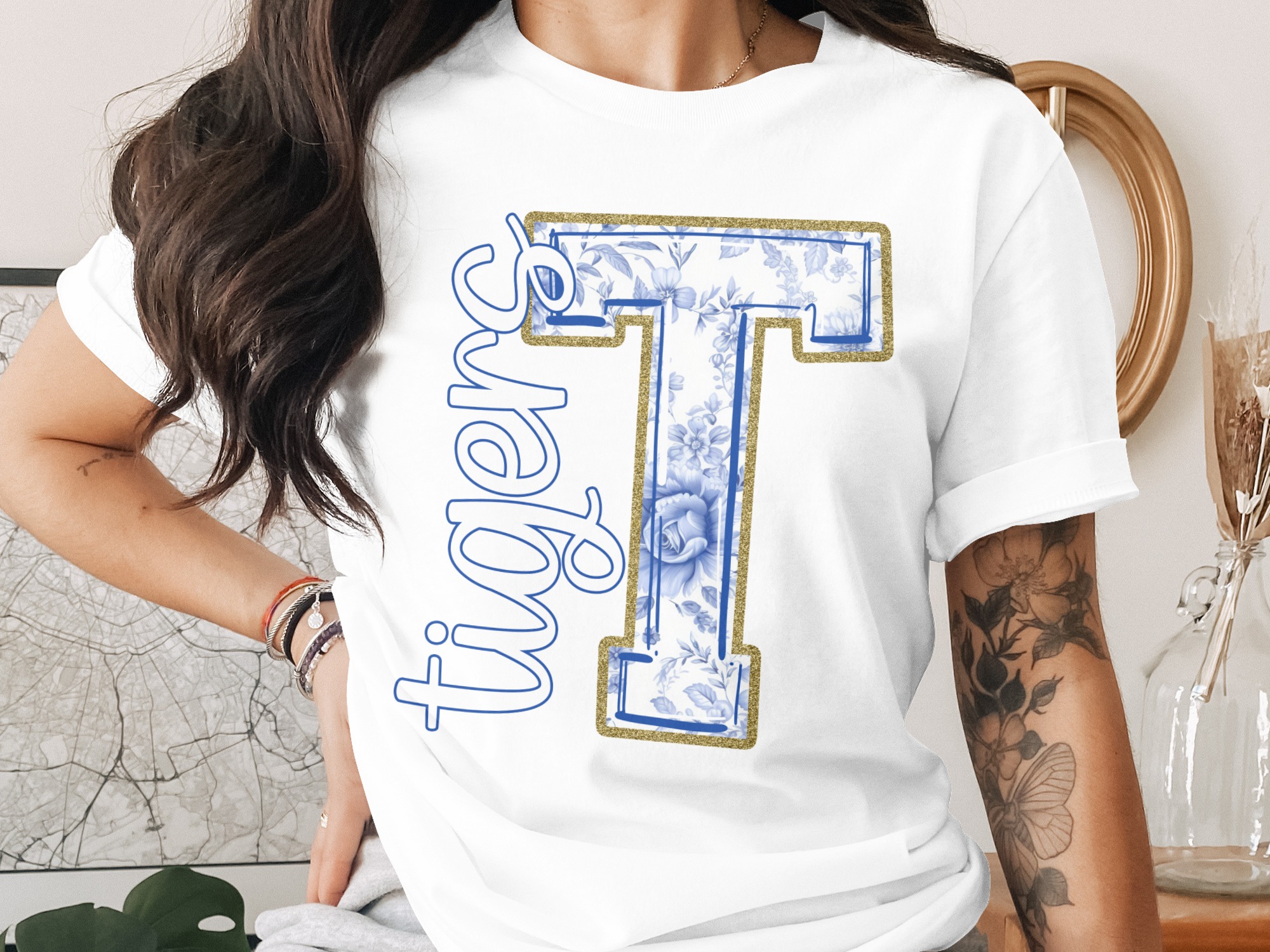 Tigers T Shirt, Letter T Floral, Blue and Gold, University, College, Game Day, School Spirit Apparel, Trendy, Fun, Cute, Unique Gift, For