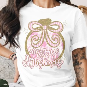 Merry Christmas Ornament T-Shirt, Pink Floral Ornament Tee, Cute Holiday Shirt, Christmas Ornament Shirt, Christmas Gift Shirt, Festive Tee