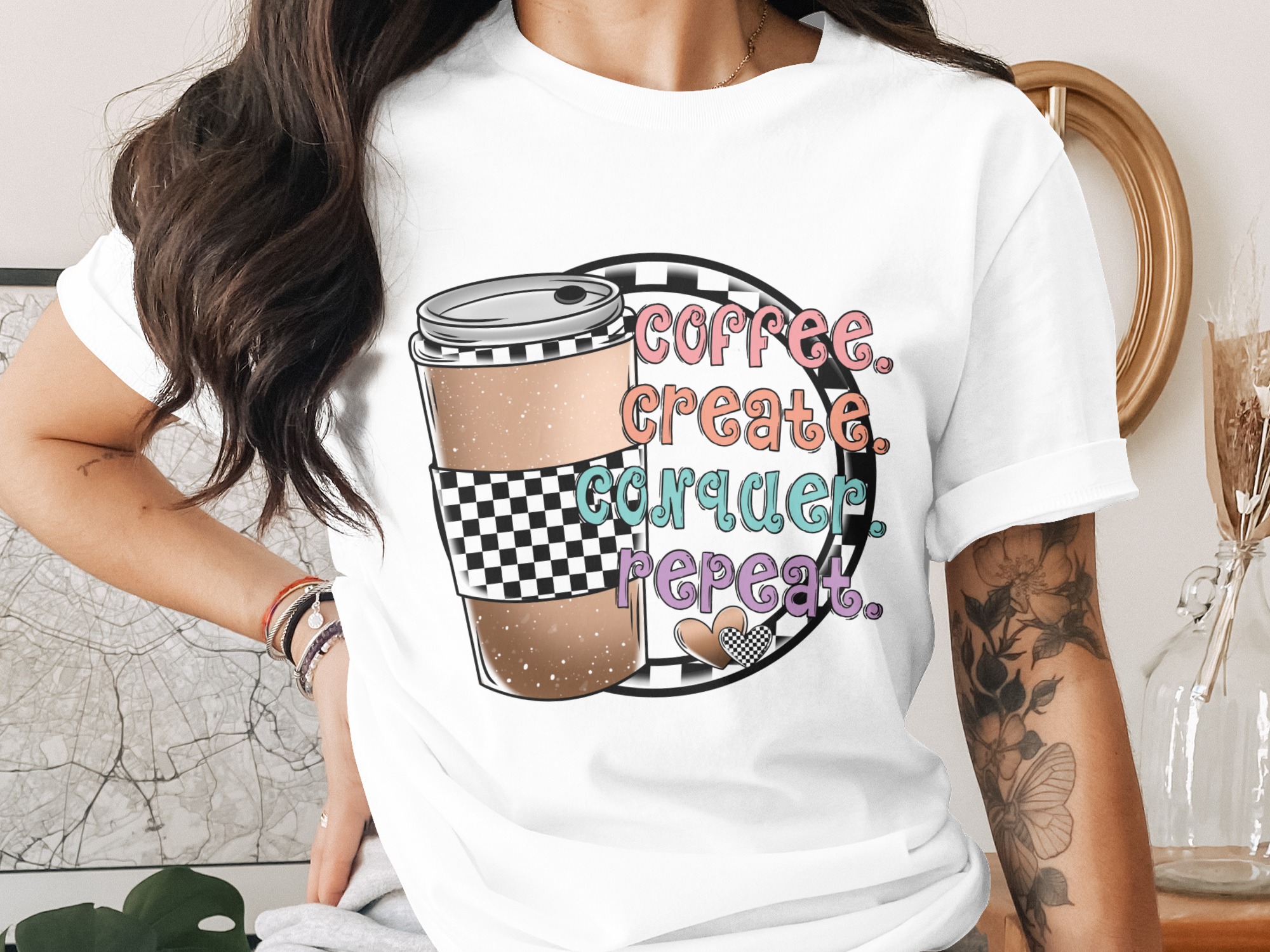 Coffee Create Conquer Repeat T Shirt, Coffee Lover Shirt, Motivational Tee, Graphic T-Shirt, Trendy Shirt, Unique TShirt Design