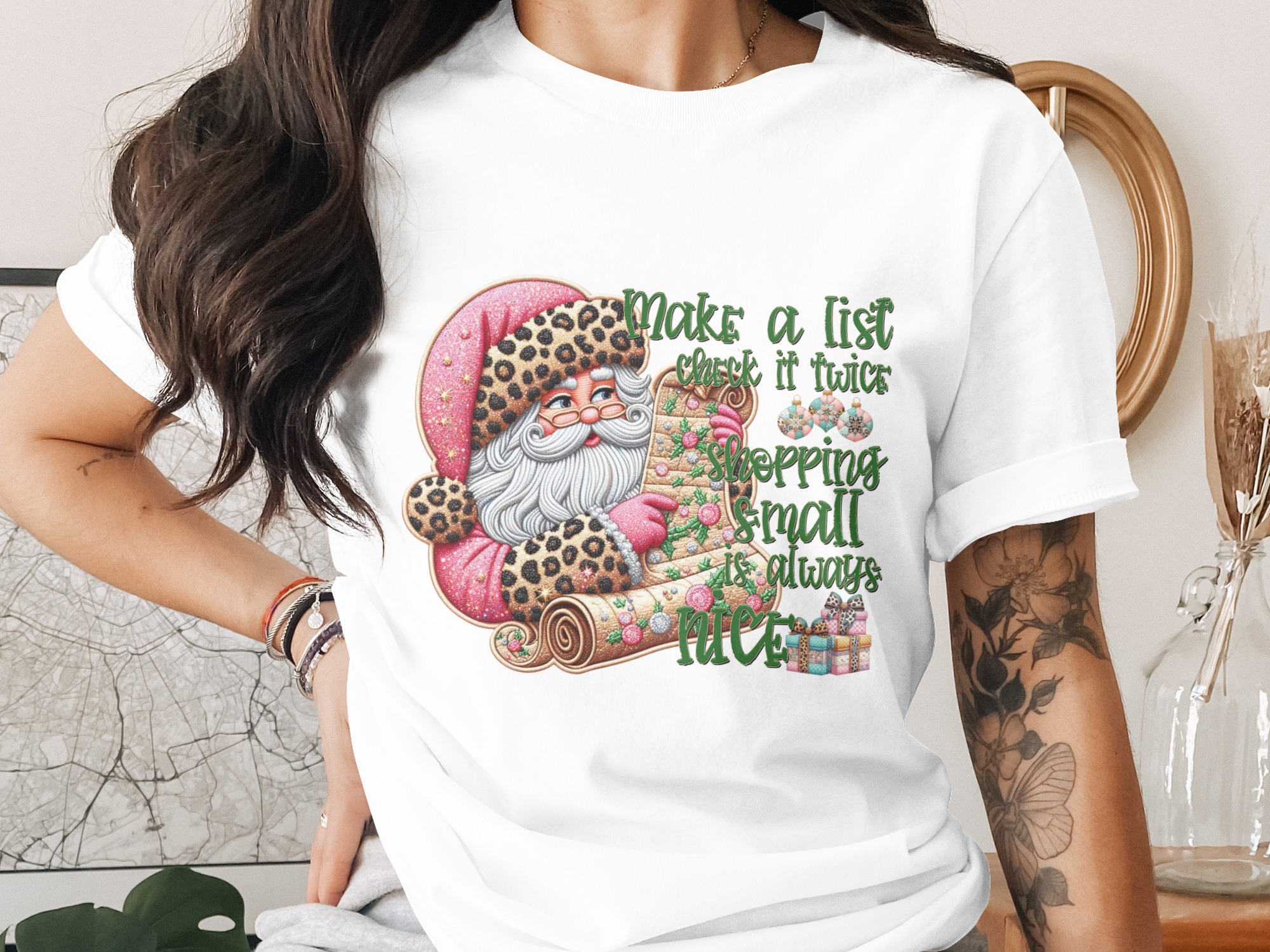 Christmas Santa T-Shirt, Leopard Santa Shirt, Holiday Shopping Tee, Make A List T Shirt, Check It Twice Shirt, Christmas Gift Shirt