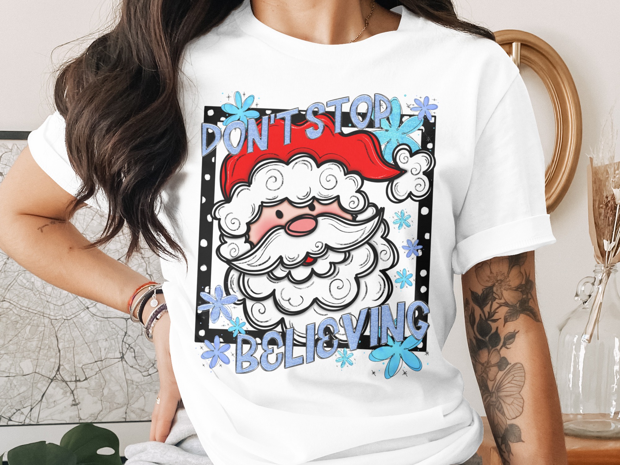 Santa T Shirt, Dont Stop Believing Shirt, Christmas T Shirt, Believe T Shirt, Festive Shirt, Christmas Gift, Holiday Apparel