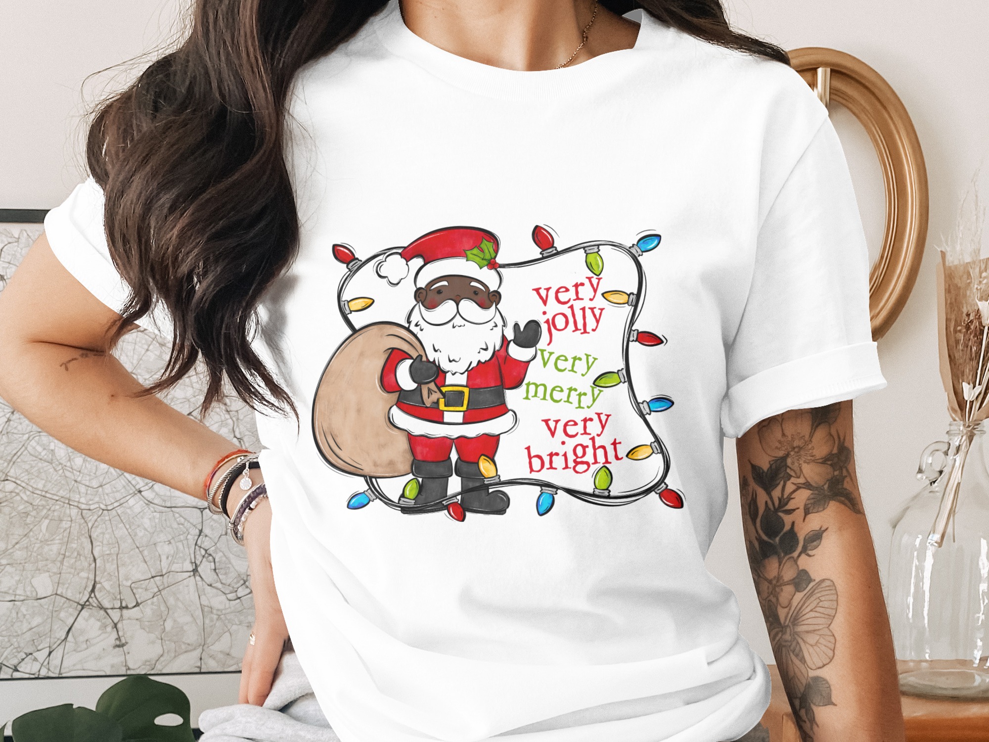 Jolly Santa T-Shirt, Very Merry Christmas Tee, Very Bright Holiday Shirt, Santa With Lights, Holiday Cheer, Xmas T Shirt, Festive Outfit