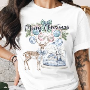 Merry Christmas T-Shirt, Deer and Snow Globe, Holiday Season Shirt, Christmas Ornament Tee, Xmas Gift Idea Shirt, Winter Festive T Shirt