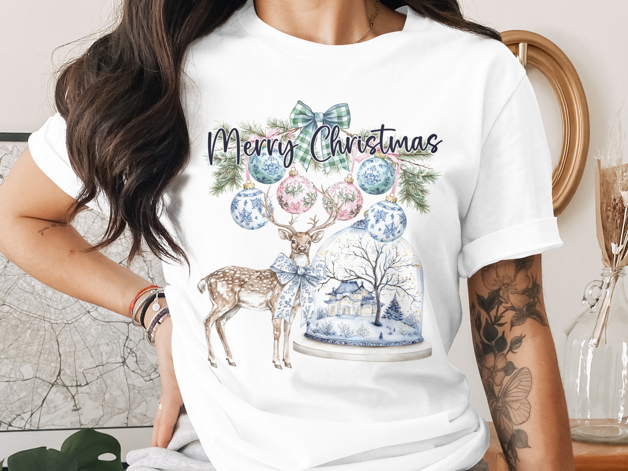 Merry Christmas T-Shirt, Deer and Snow Globe, Holiday Season Shirt, Christmas Ornament Tee, Xmas Gift Idea Shirt, Winter Festive T Shirt