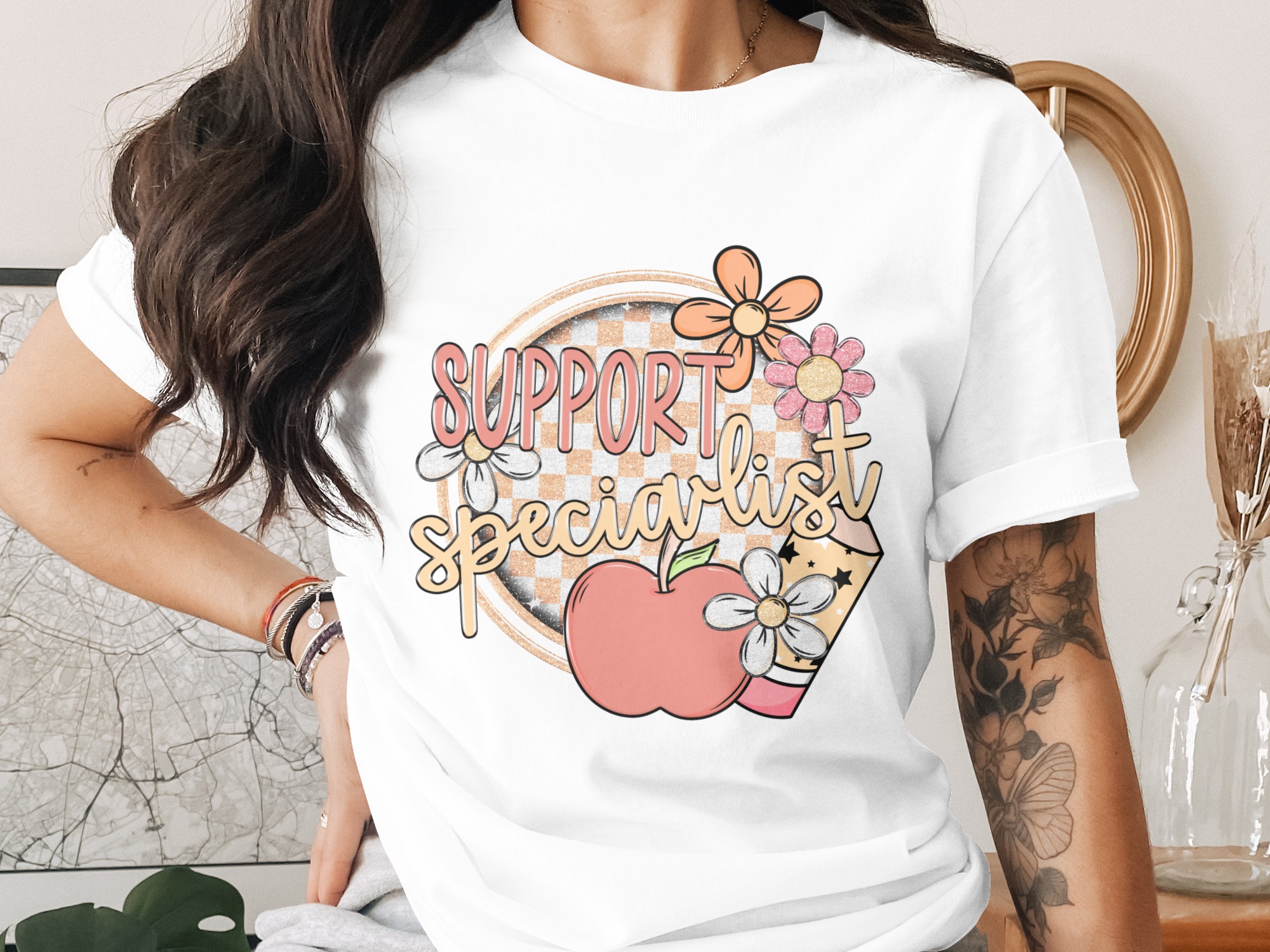 Support Specialist T-Shirt, School Counselor Tee, Teacher Appreciation Gift, Special Education Shirt, Retro Design, Floral Apple Pencil