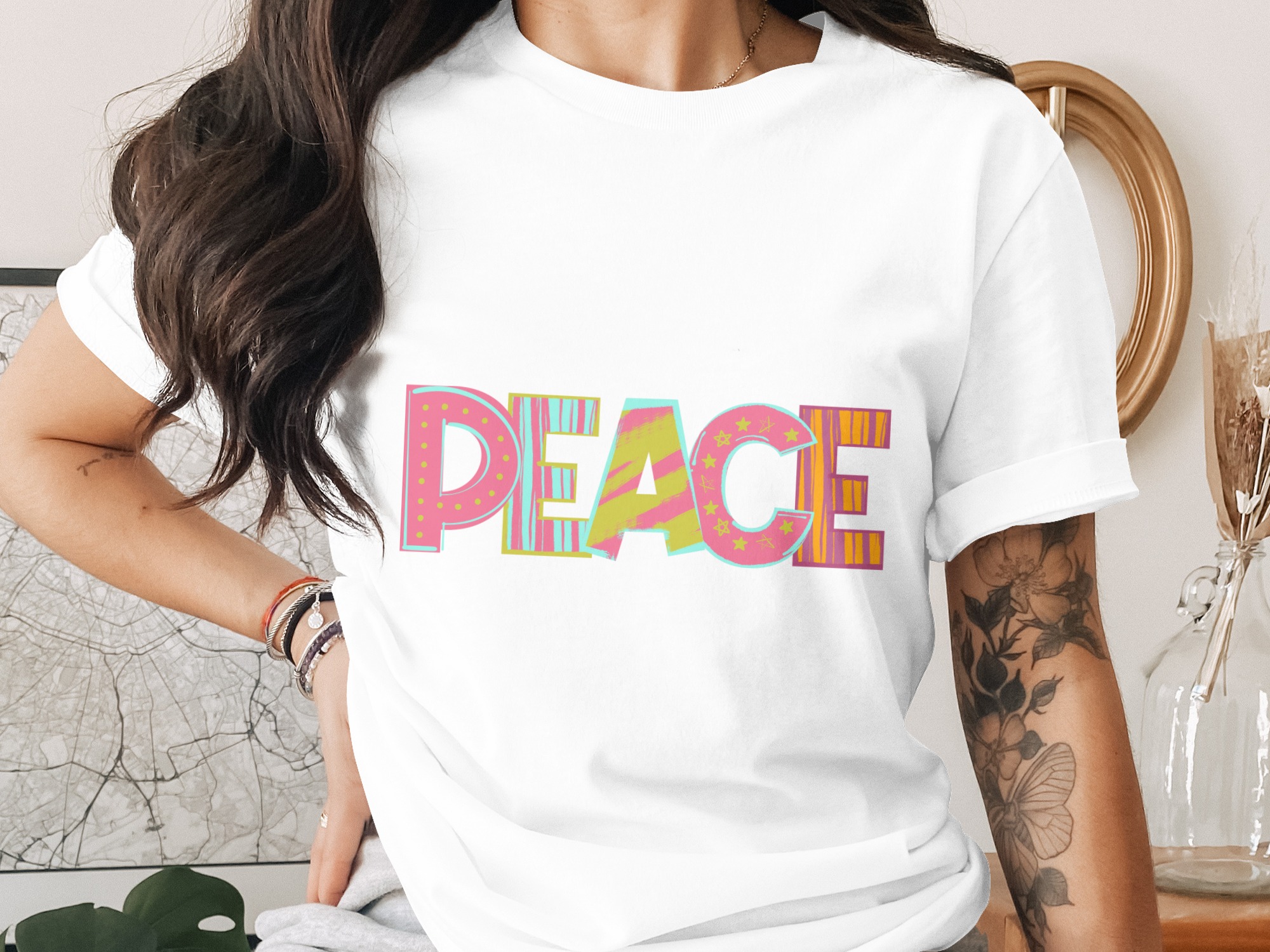 Colorful Peace T Shirt, Positive Vibes Tee, Cute Graphic TShirt, Inspirational Gift for Women, Trendy Peace Sign Shirt, Stylish Summer Top