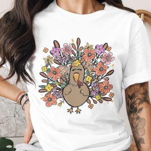 Floral Turkey T Shirt, Cute Thanksgiving Shirt, Autumn Harvest Tee, Fall Season Apparel, Thanksgiving Gift Idea, Trendy Holiday Top