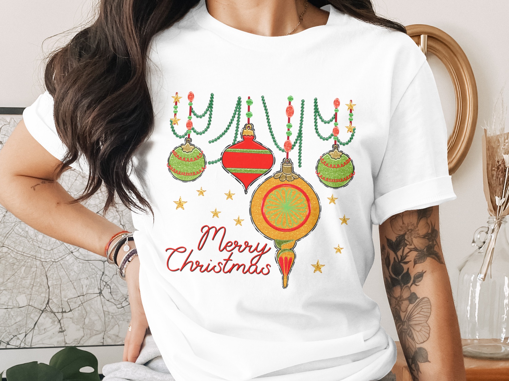 Merry Christmas Ornaments T-Shirt, Holiday Tee, Christmas Shirt, Xmas Lights Tee, Festive Season Top, Christmas T Shirt, Holiday Gift Idea