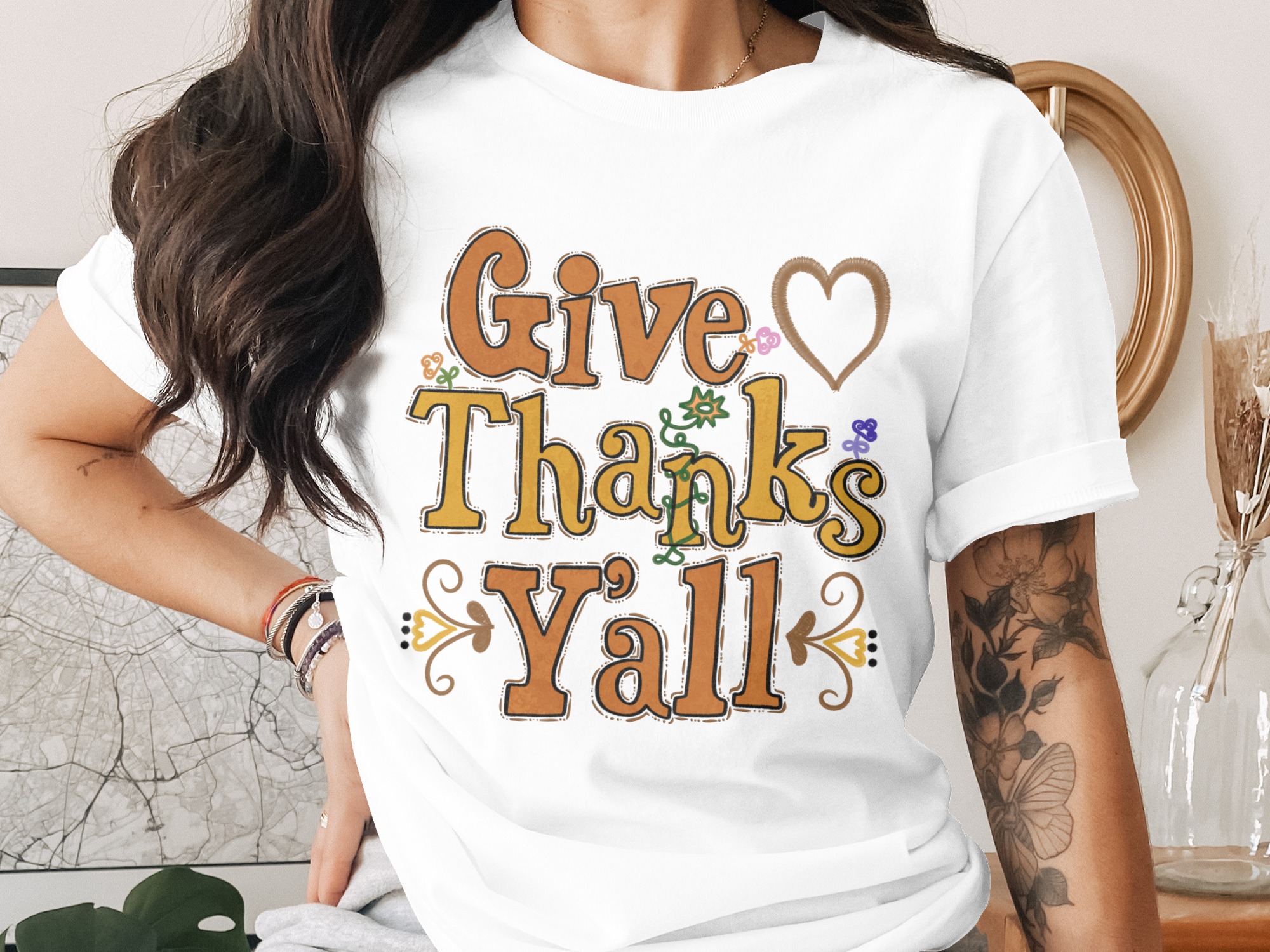 Give Thanks Yall T-Shirt, Thanksgiving Shirt, Fall T Shirt, Autumn Shirt, Floral Shirt, Heart Shirt, Holiday Shirt, Trendy Shirt