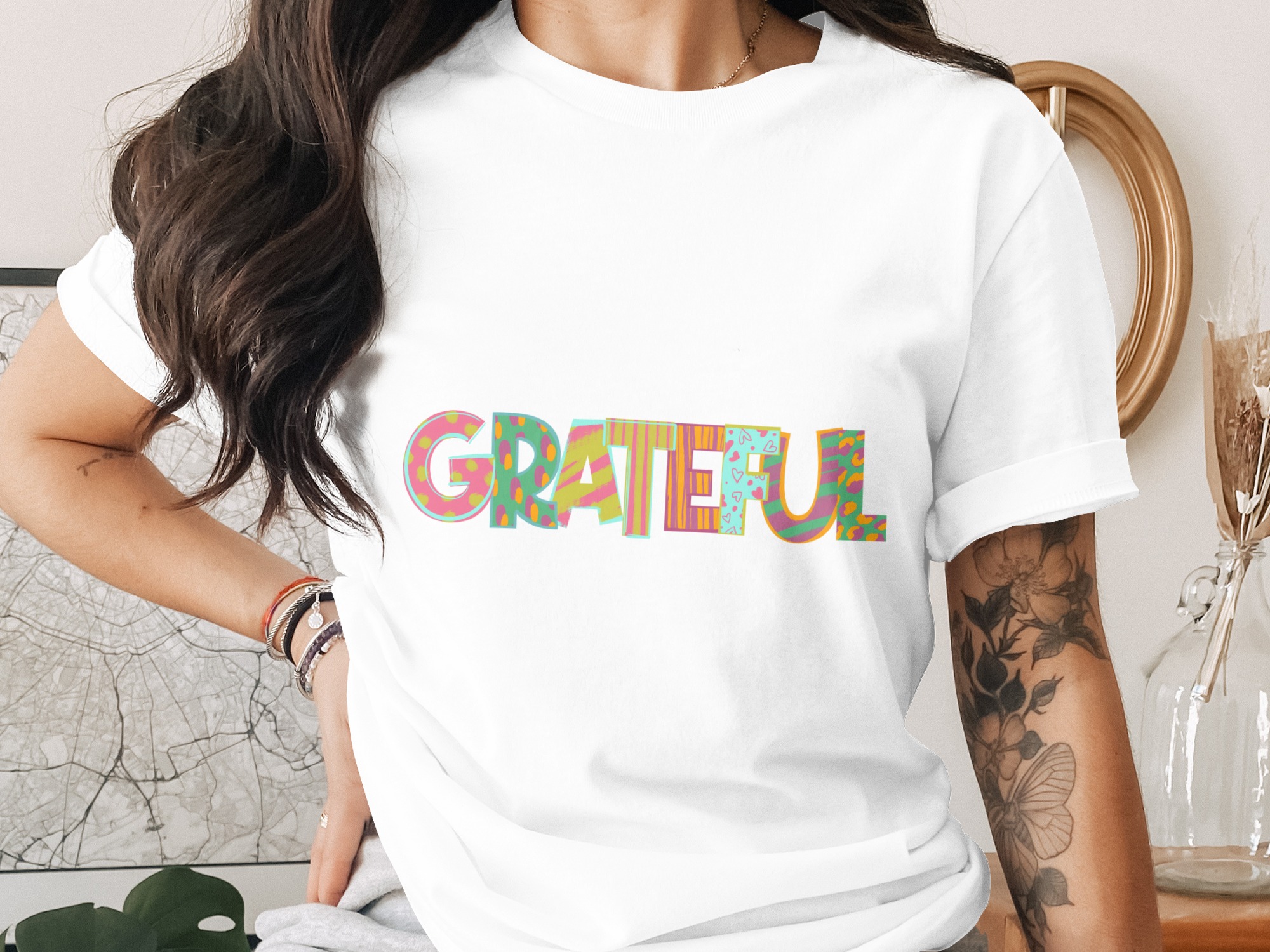 Grateful T-Shirt, Positive Vibes Tee, Colorful Word Art, Inspirational Shirt, Everyday Gratitude, Gift for Her, Gratitude Apparel