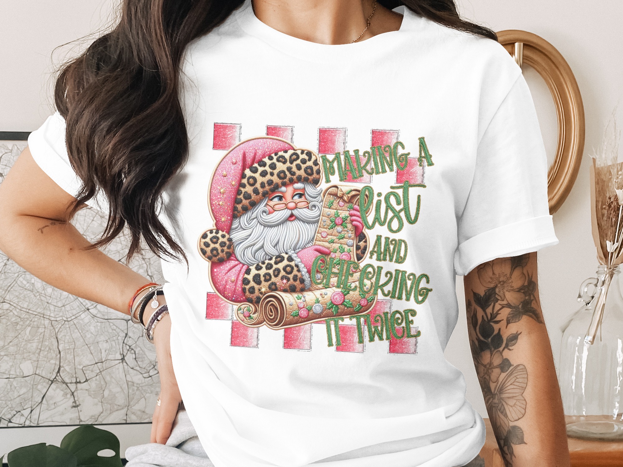 Santa Leopard Print T-Shirt, Making a List TShirt, Checking It Twice Shirt, Christmas Tee, Holiday Graphic Tee, Funny Xmas Shirt