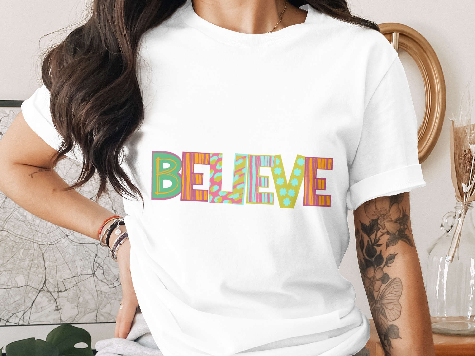 Believe T-Shirt, Positive Affirmation Shirt, Inspirational Quote Top, Motivational Graphic Tee, Trendy Patterned Word Design, Unisex