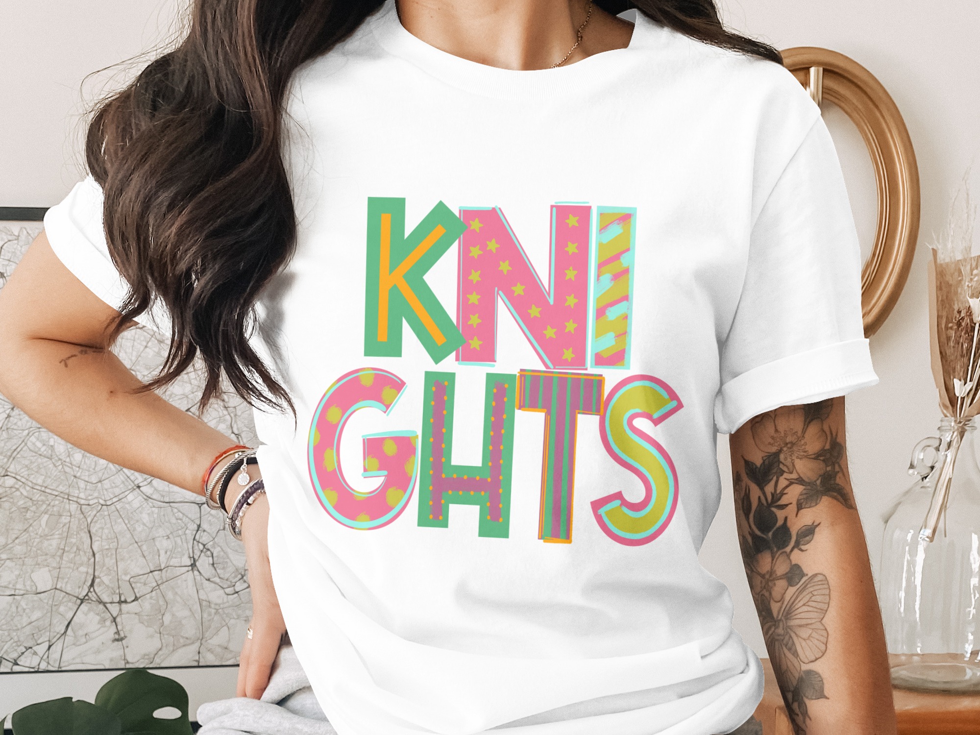 Knights T-Shirt, Colorful Graphic Tee, Fun Word Art Shirt, Trendy Design T Shirt, Unique Graphic T-Shirt, Cute T-Shirt, Gift Idea Shirt