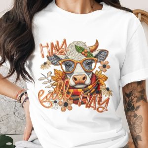Fall Hay Cow T-Shirt, Autumn Farm Tee, Cute Animal Shirt, Floral Cow Lover Gift, Thanksgiving Shirt, Unique Fall Design, Trendy Cow Shirt