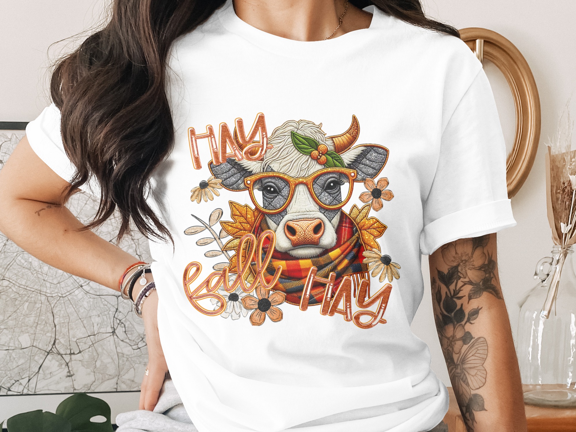 Fall Hay Cow T-Shirt, Autumn Farm Tee, Cute Animal Shirt, Floral Cow Lover Gift, Thanksgiving Shirt, Unique Fall Design, Trendy Cow Shirt