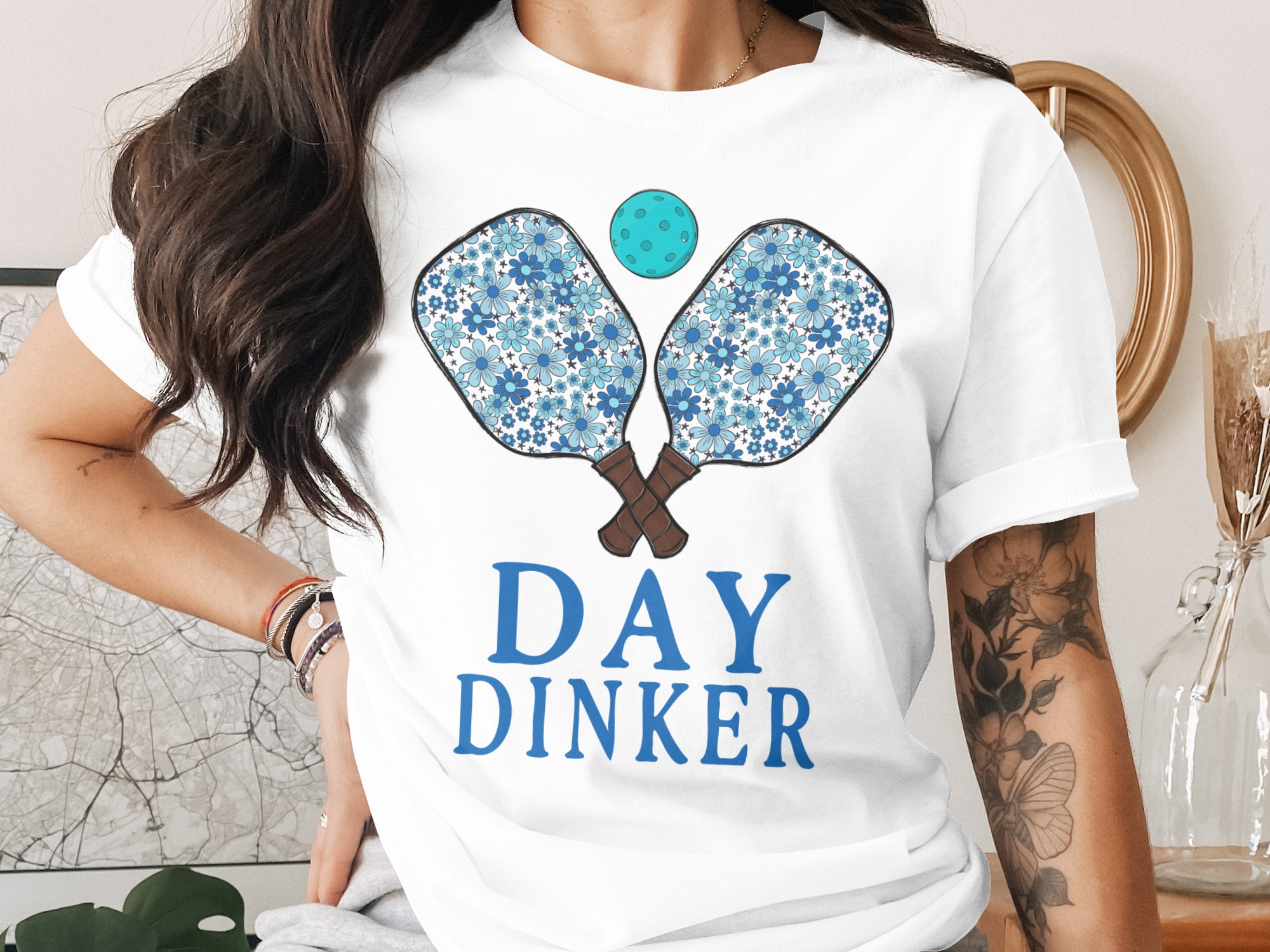 Day Dinker T-Shirt, Floral Pickleball Paddles Tee, Funny Pickleball Shirt, Pickleball Gift, Sporty T Shirt, Trendy T Shirt, Gift for Her