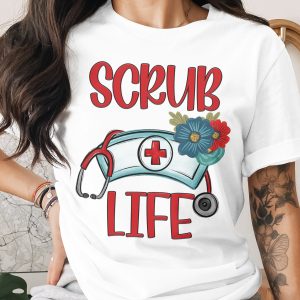 Scrub Life T-Shirt, Nurse T-Shirt, Healthcare T-Shirt, Medical T-Shirt, Floral Nurse Hat Tee, Gift for Nurses, Medical Professional