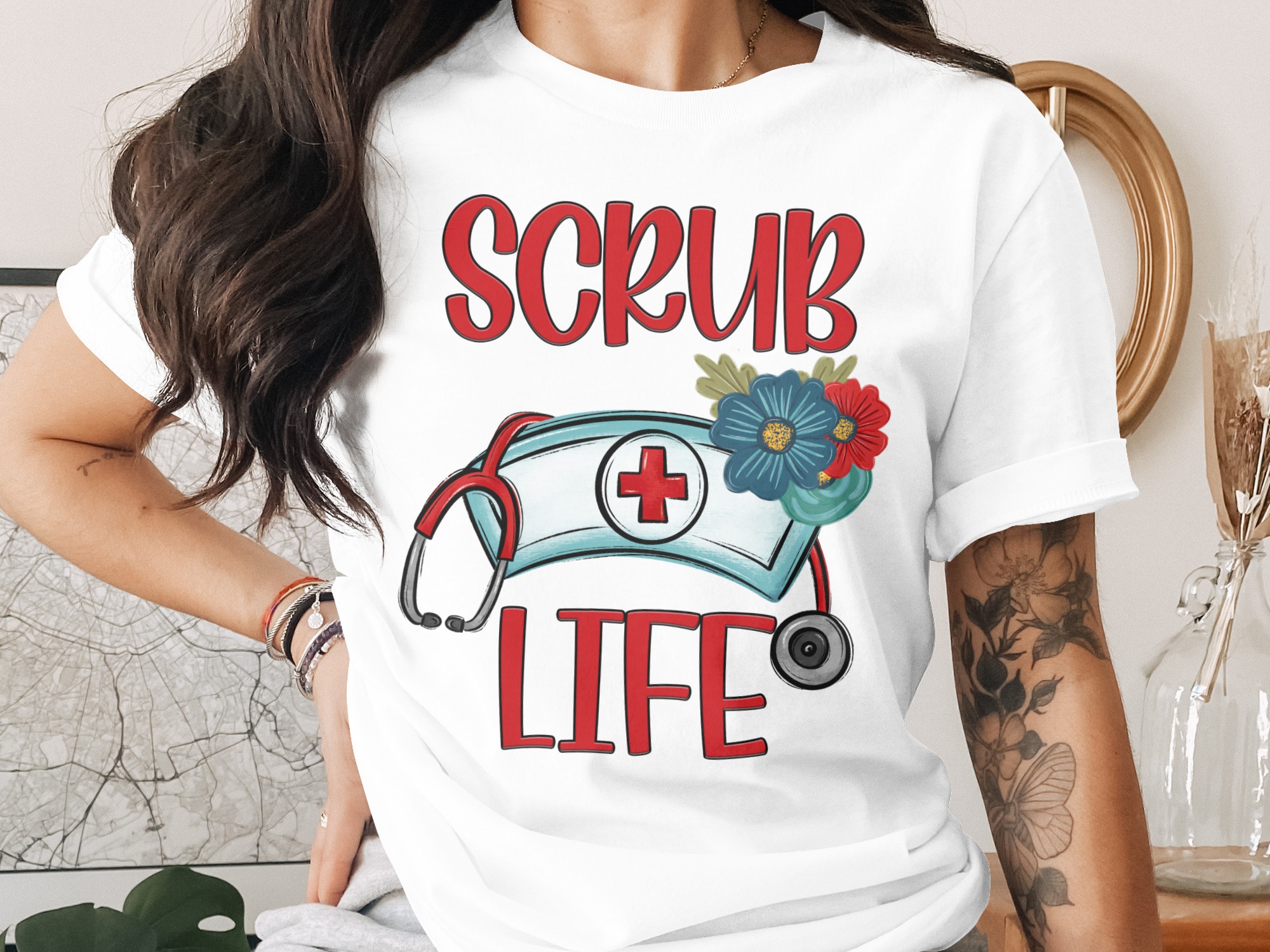 Scrub Life T-Shirt, Nurse T-Shirt, Healthcare T-Shirt, Medical T-Shirt, Floral Nurse Hat Tee, Gift for Nurses, Medical Professional