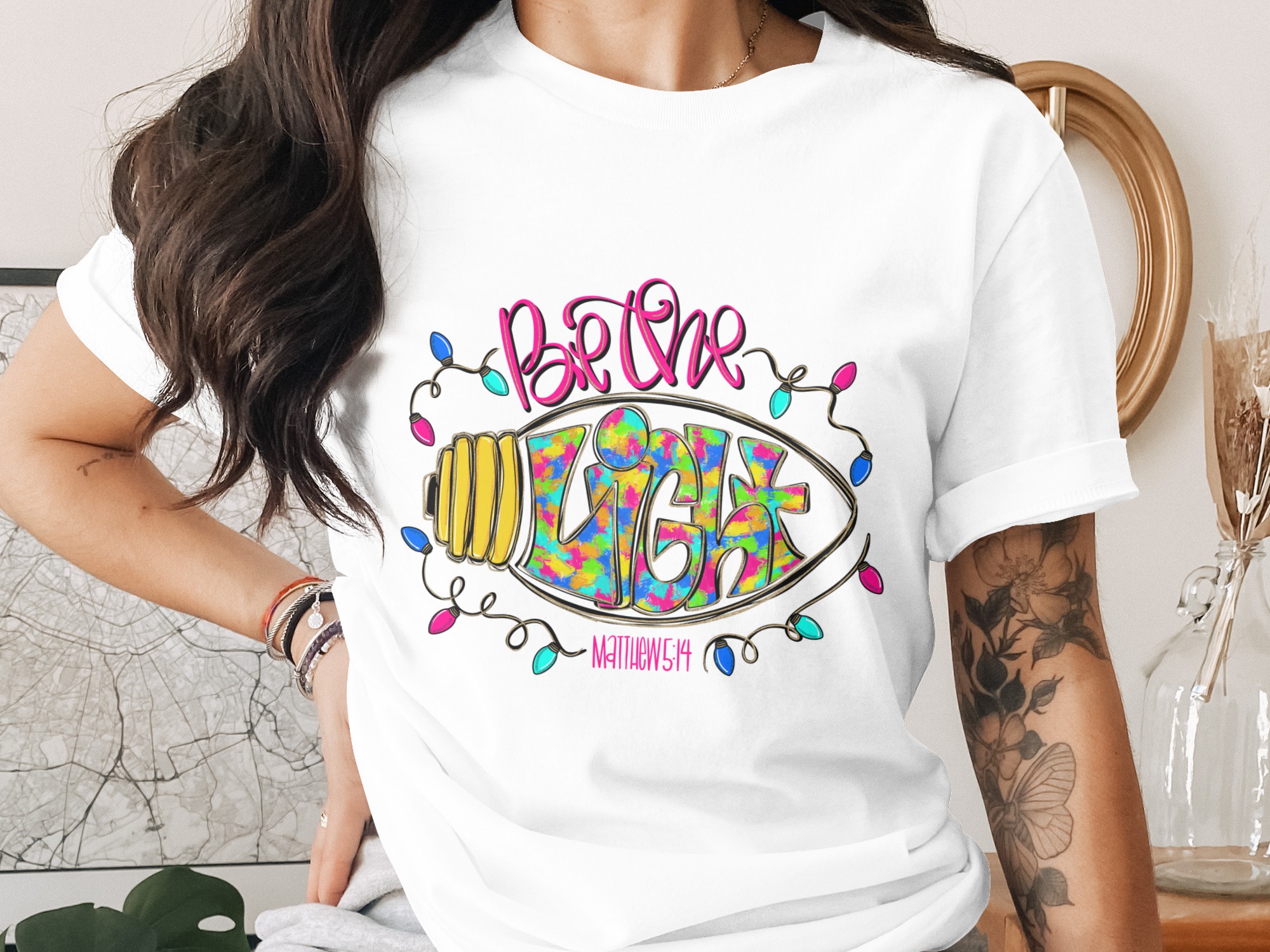 Be The Light T-Shirt, Inspirational Shirt, Mathew 5 14 Scripture T Shirt, Religious Tee, Christian T Shirt, Colorful Lights Shirt