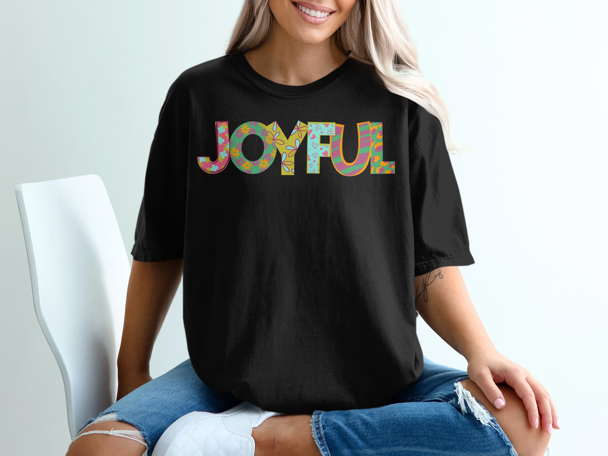 Joyful Floral T-Shirt, Positive Vibes Tee, Colorful Word Art Shirt, Happy Graphic Tee, Trendy T-Shirt, Motivational Apparel - Image 2